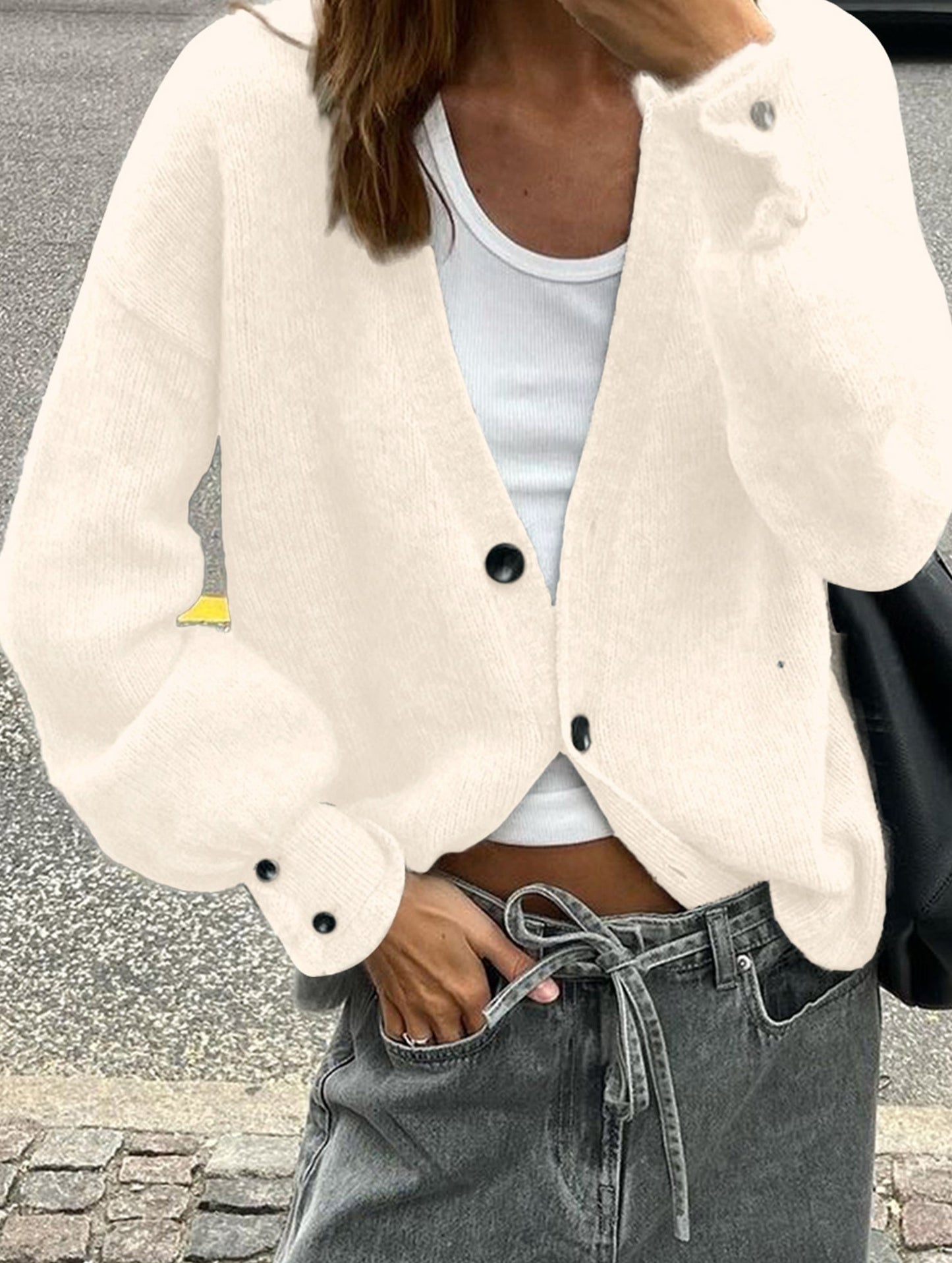 Simple button solid color long-sleeved sweater