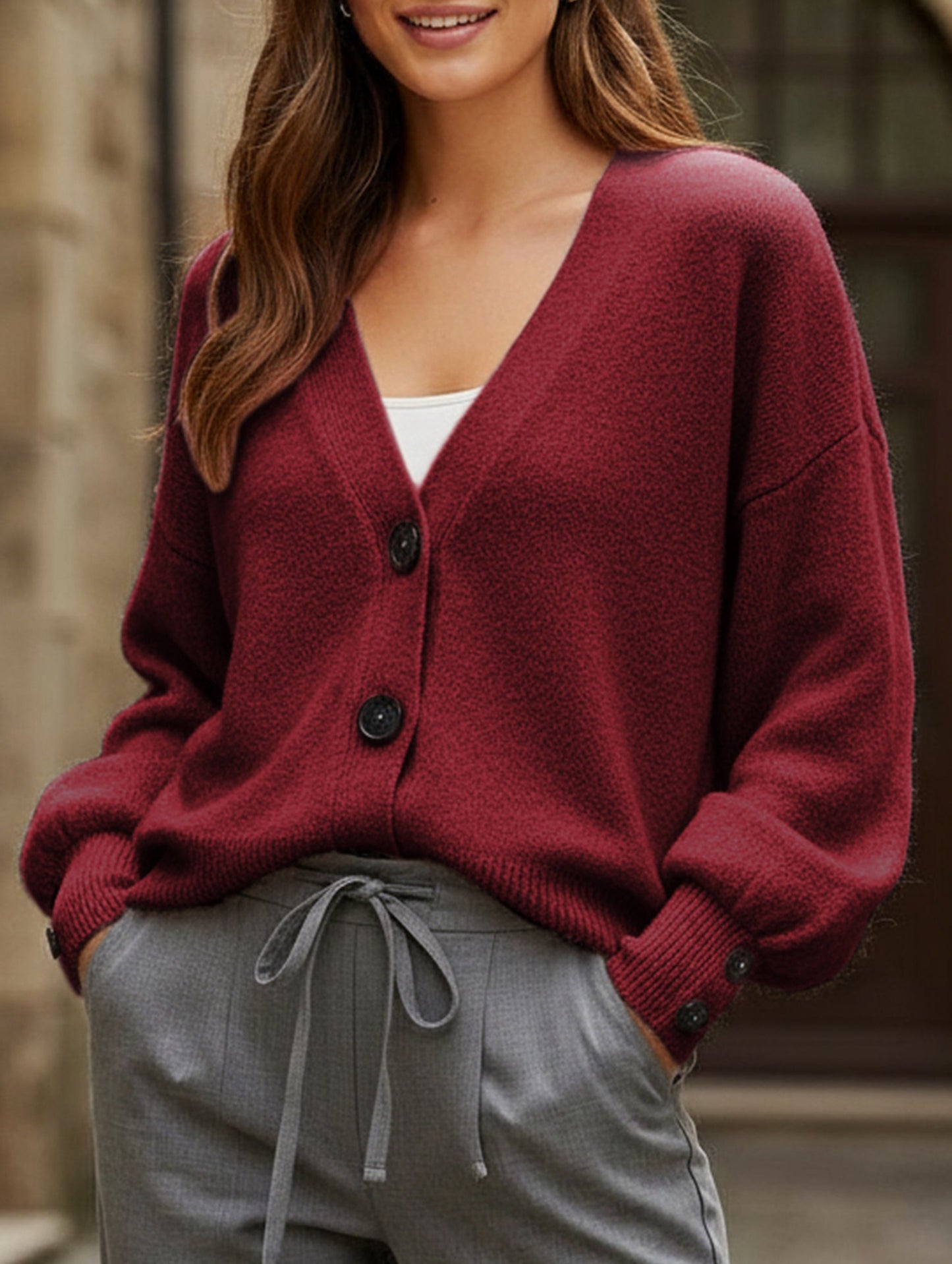 Simple button solid color long-sleeved sweater