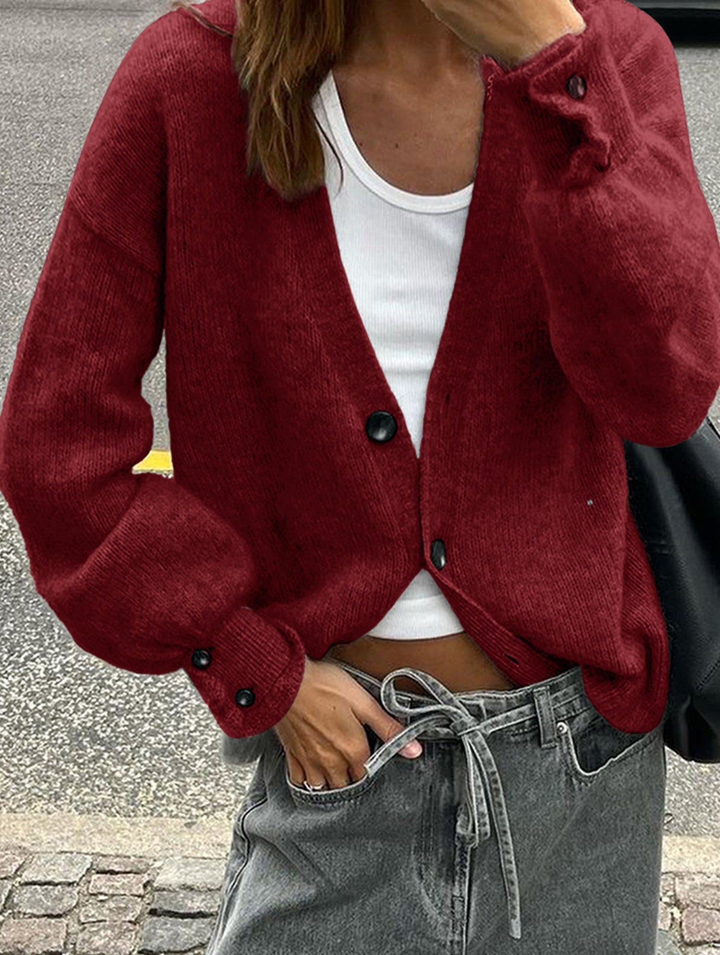 Simple button solid color long-sleeved sweater