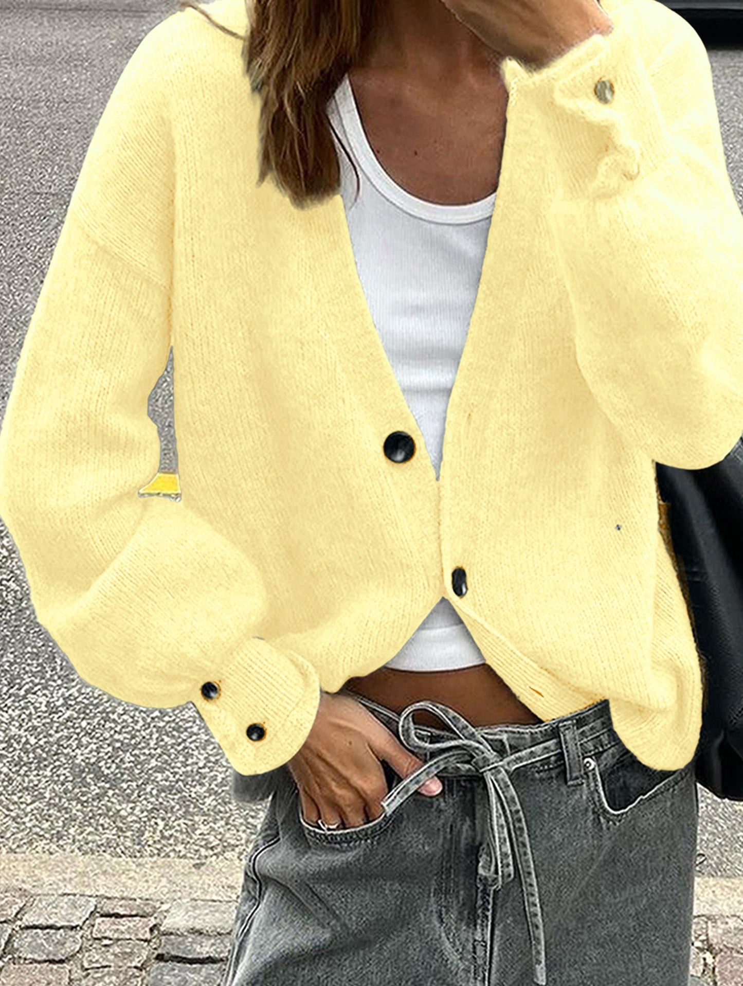 Simple button solid color long-sleeved sweater