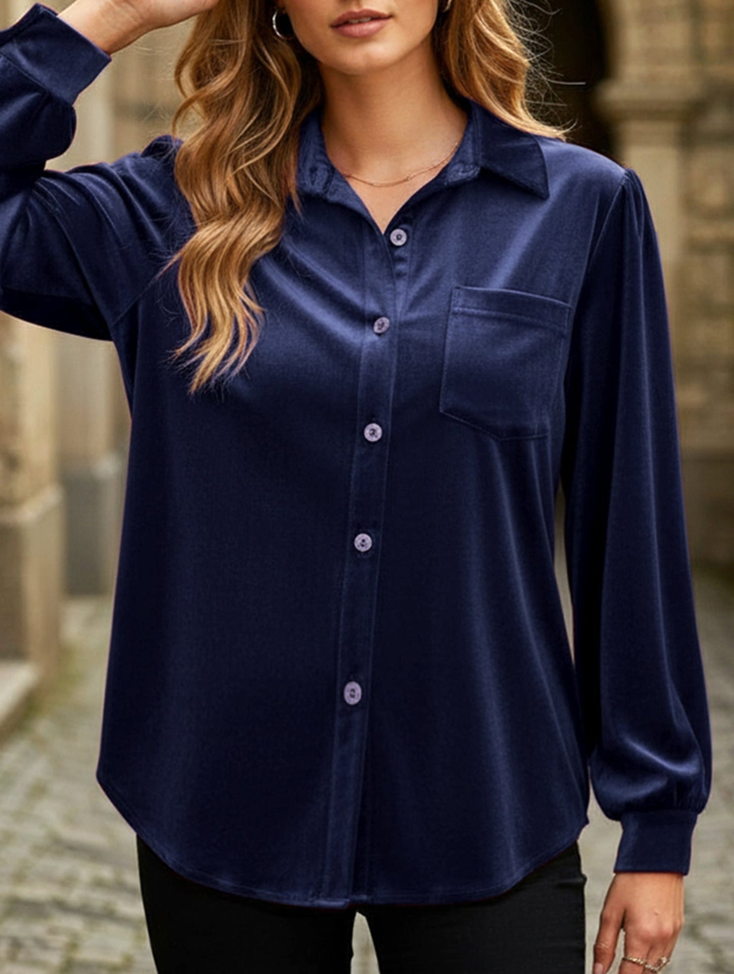 Solid color lapel lantern sleeve shirt
