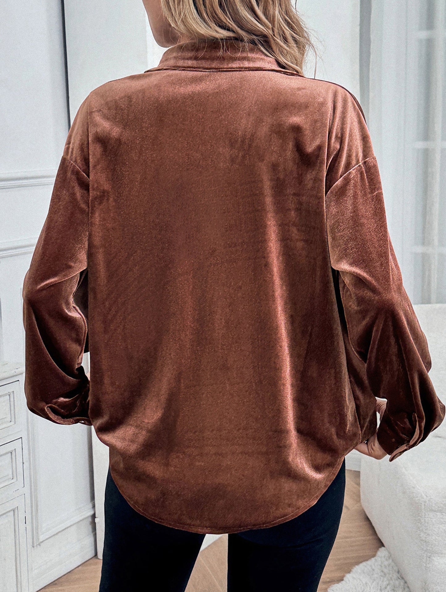 Solid color lapel lantern sleeve shirt