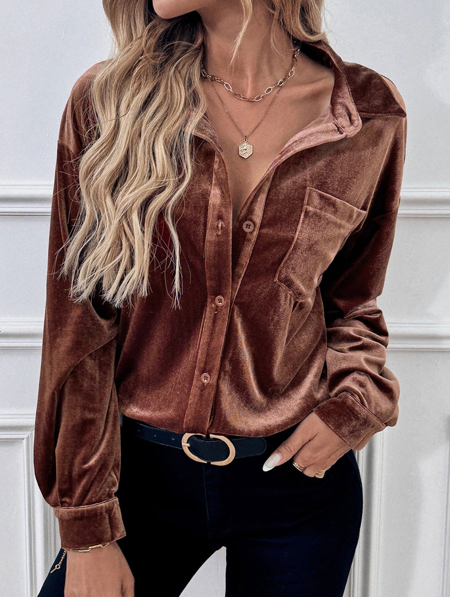 Solid color lapel lantern sleeve shirt