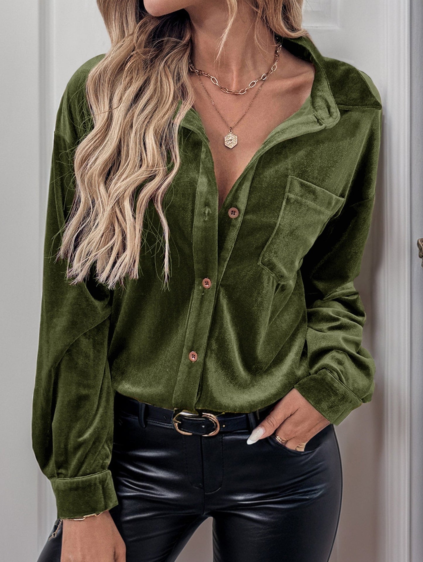 Solid color lapel lantern sleeve shirt