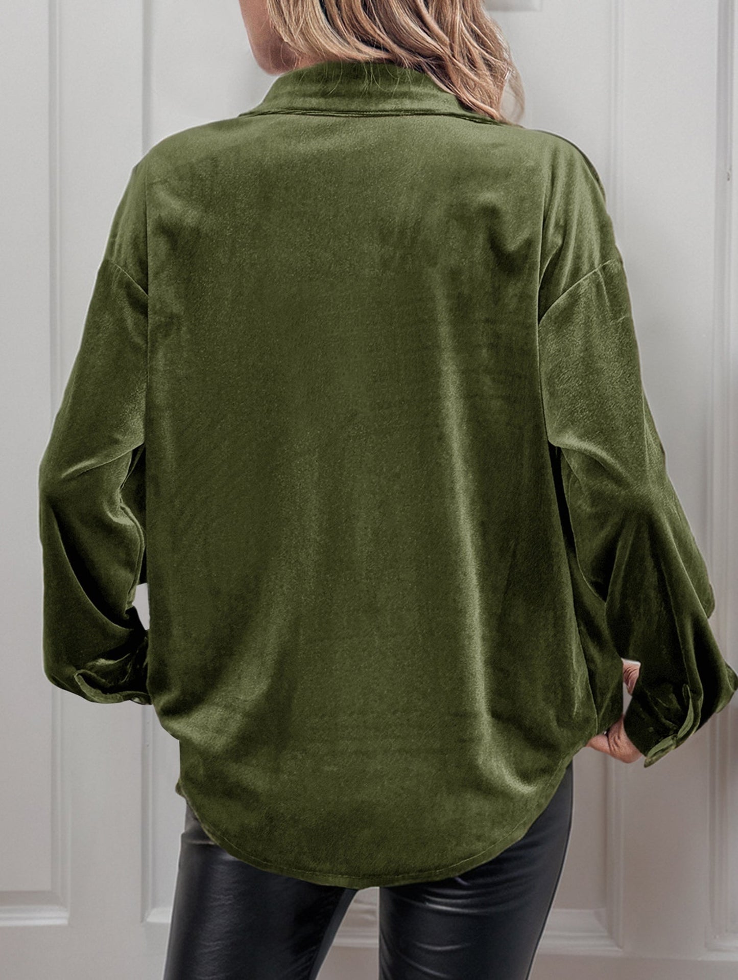 Solid color lapel lantern sleeve shirt