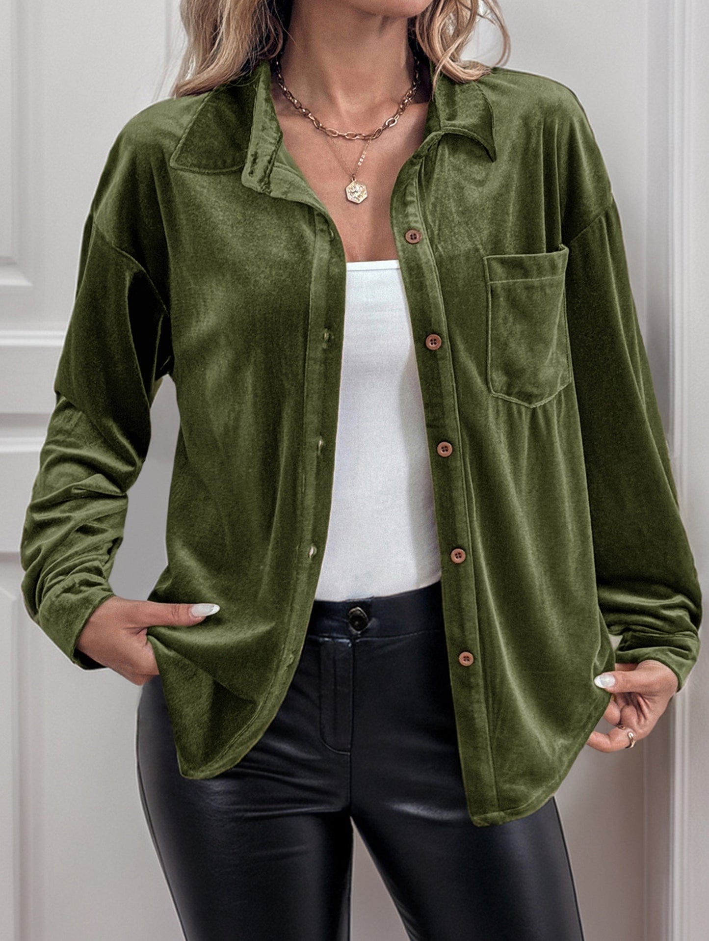 Solid color lapel lantern sleeve shirt