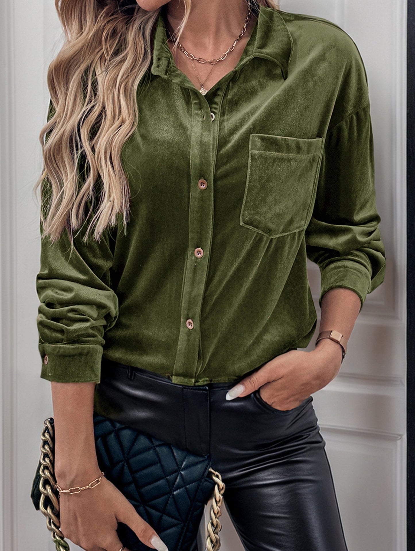 Solid color lapel lantern sleeve shirt