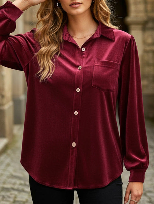 Solid color lapel lantern sleeve shirt