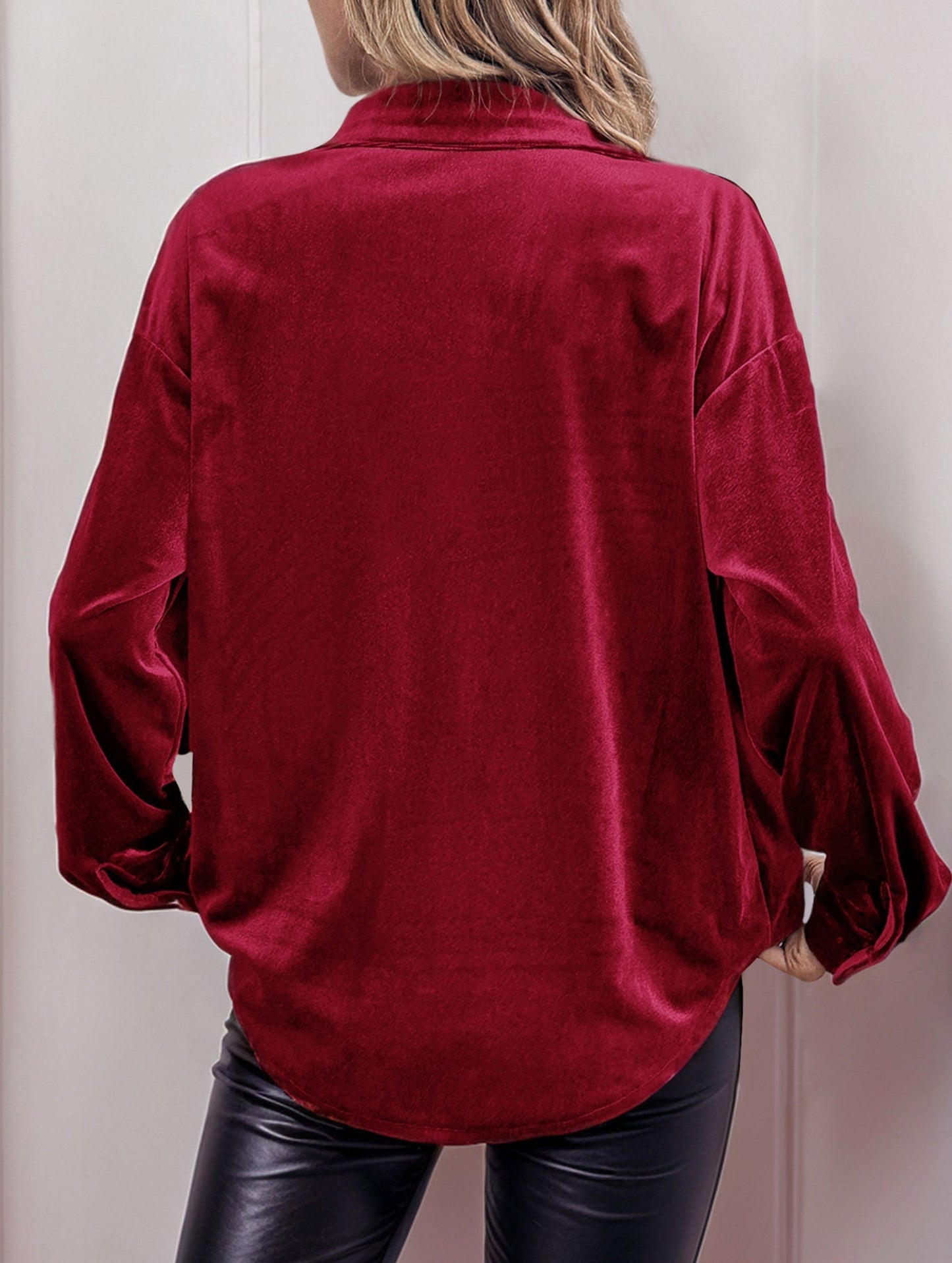 Solid color lapel lantern sleeve shirt