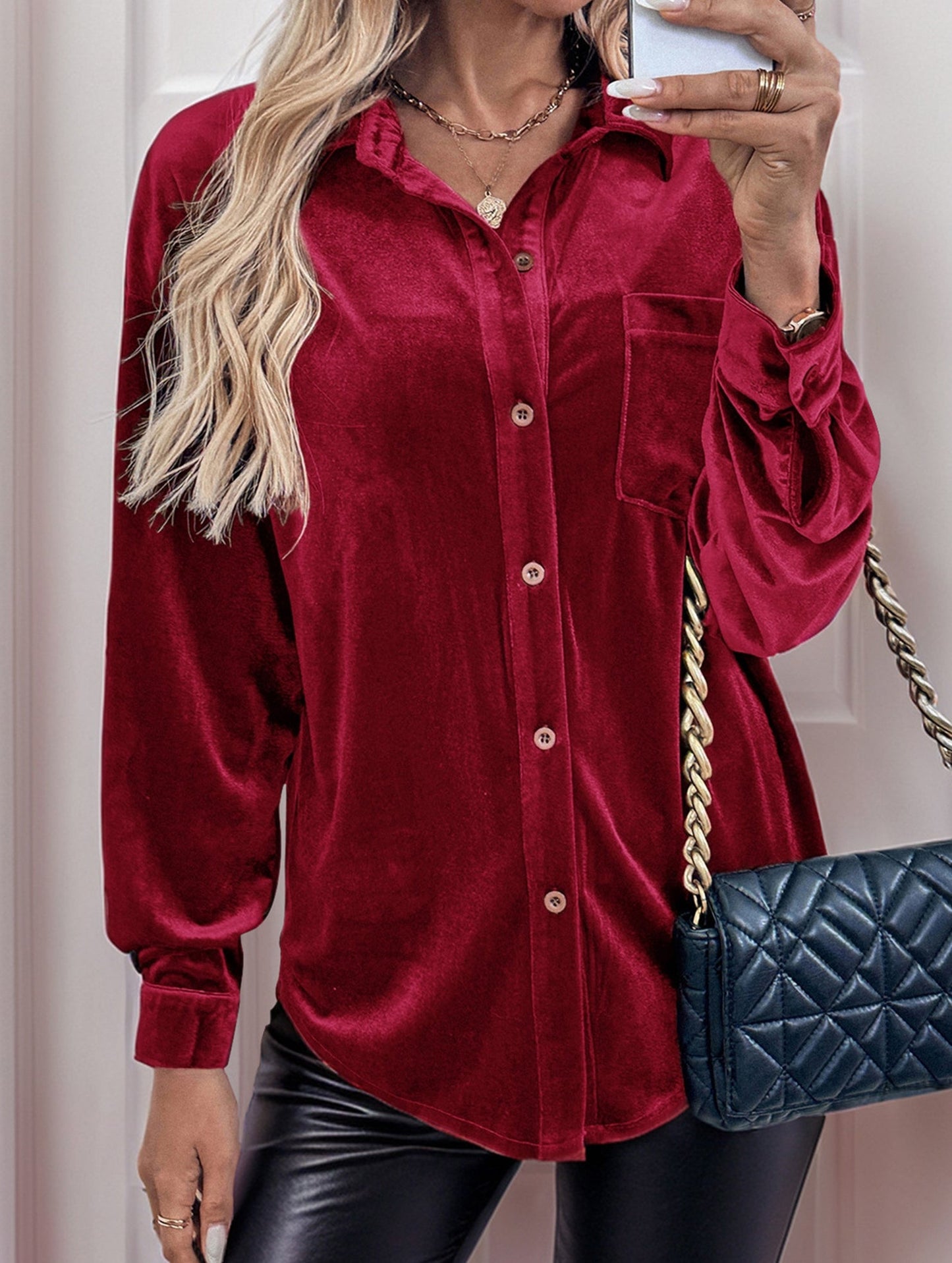 Solid color lapel lantern sleeve shirt