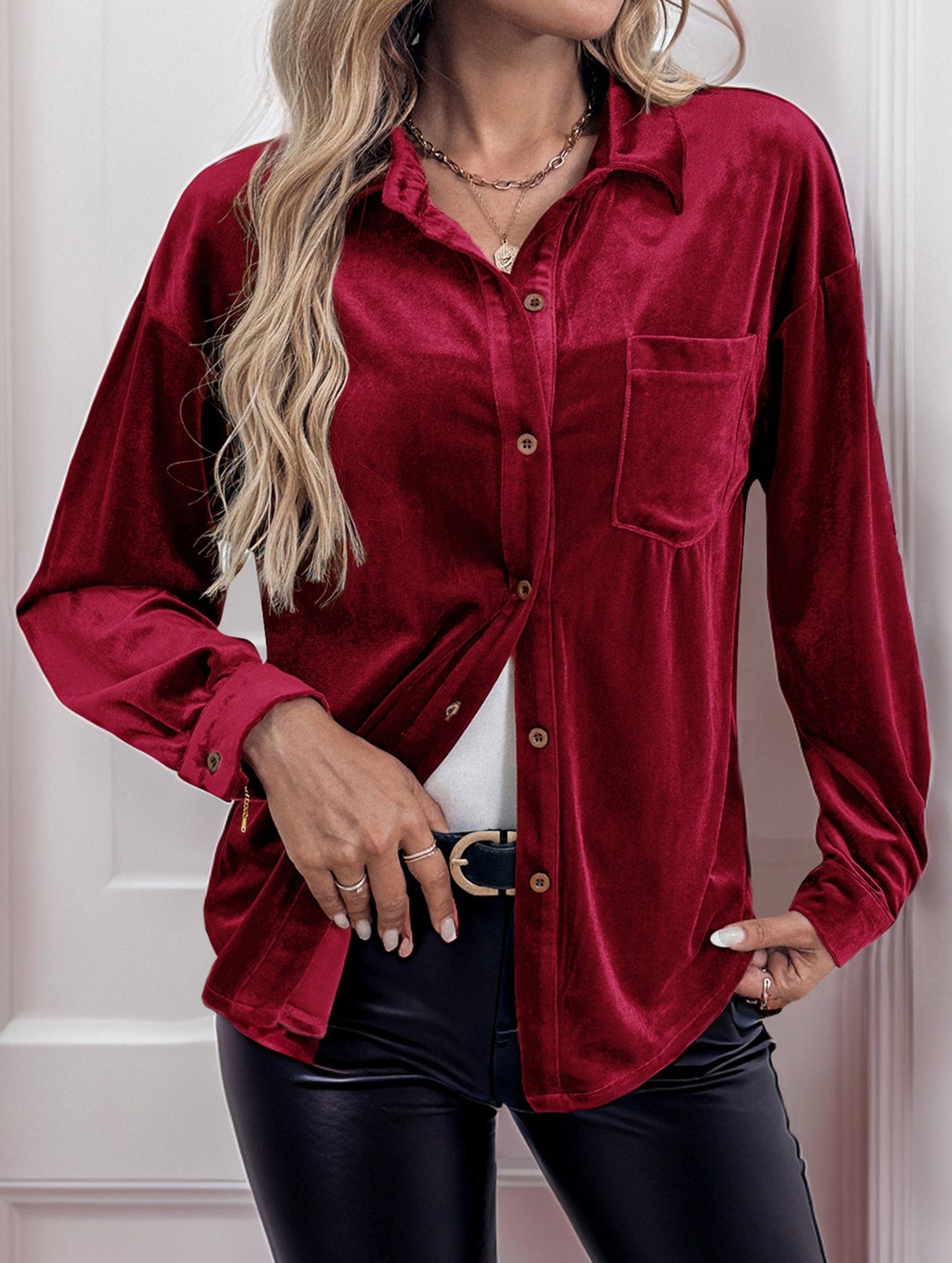 Solid color lapel lantern sleeve shirt