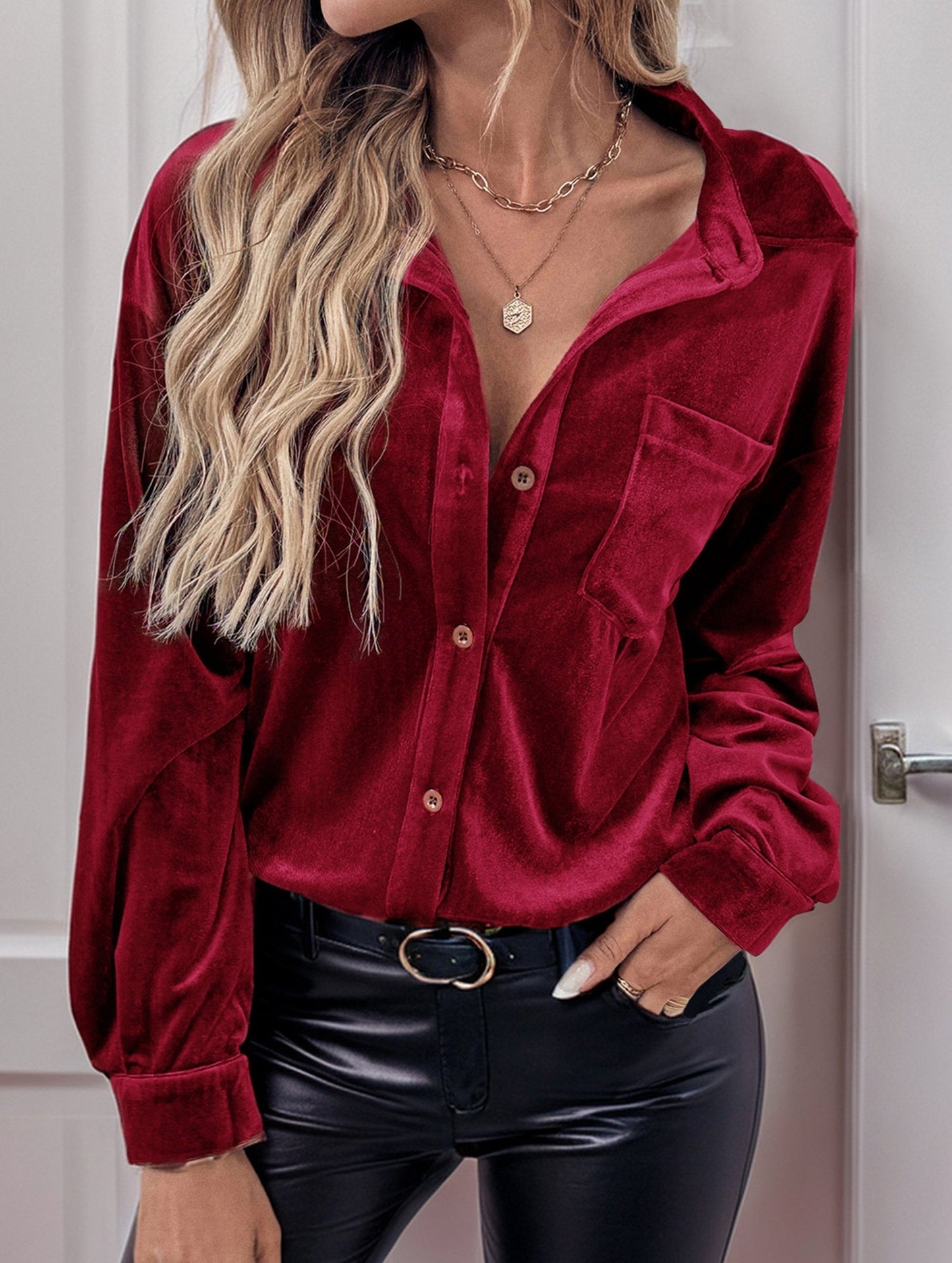 Solid color lapel lantern sleeve shirt