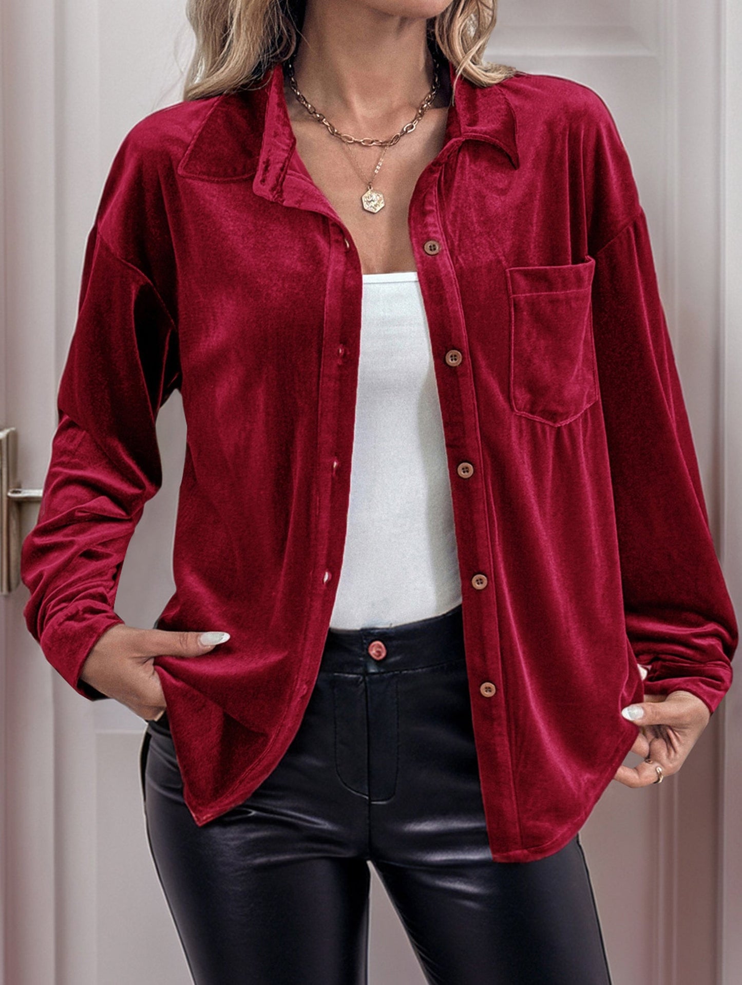 Solid color lapel lantern sleeve shirt