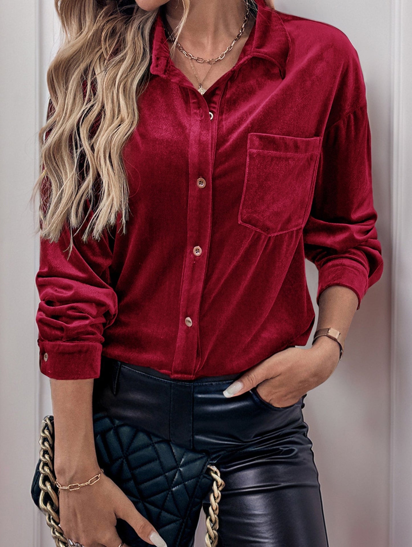 Solid color lapel lantern sleeve shirt