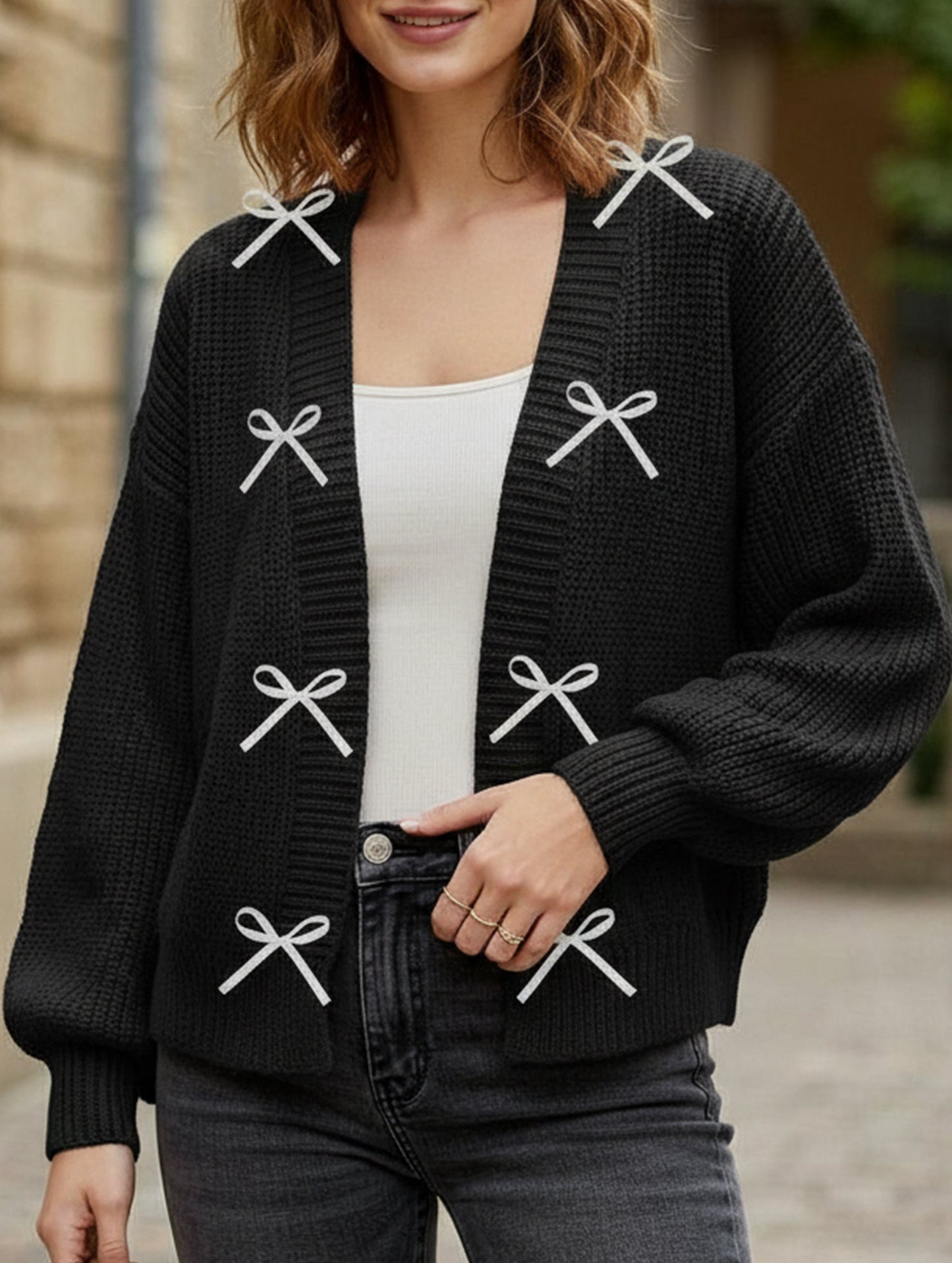 Ribbon Bow Patchwork Cardigan Sweater