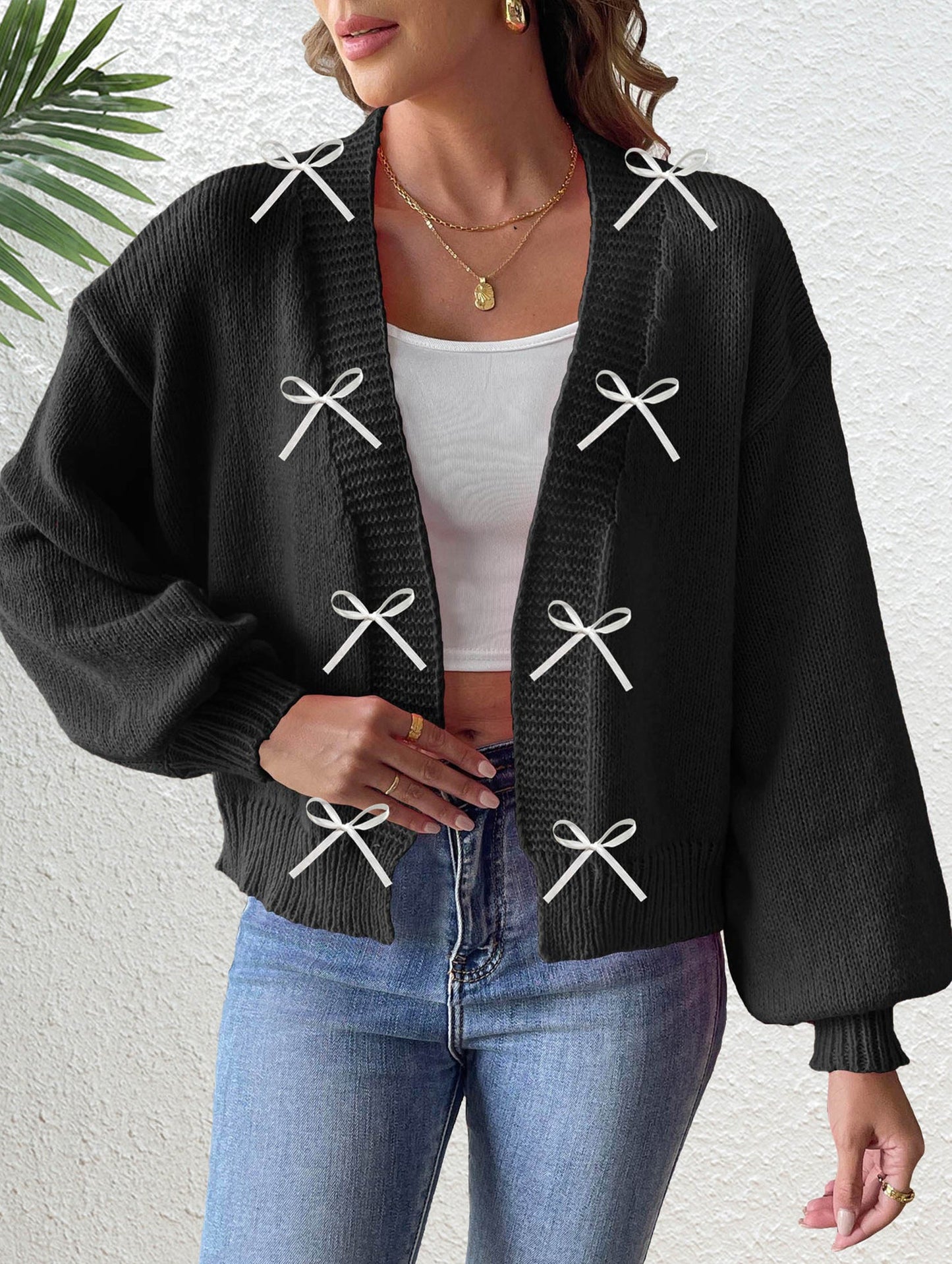 Ribbon Bow Patchwork Cardigan Sweater