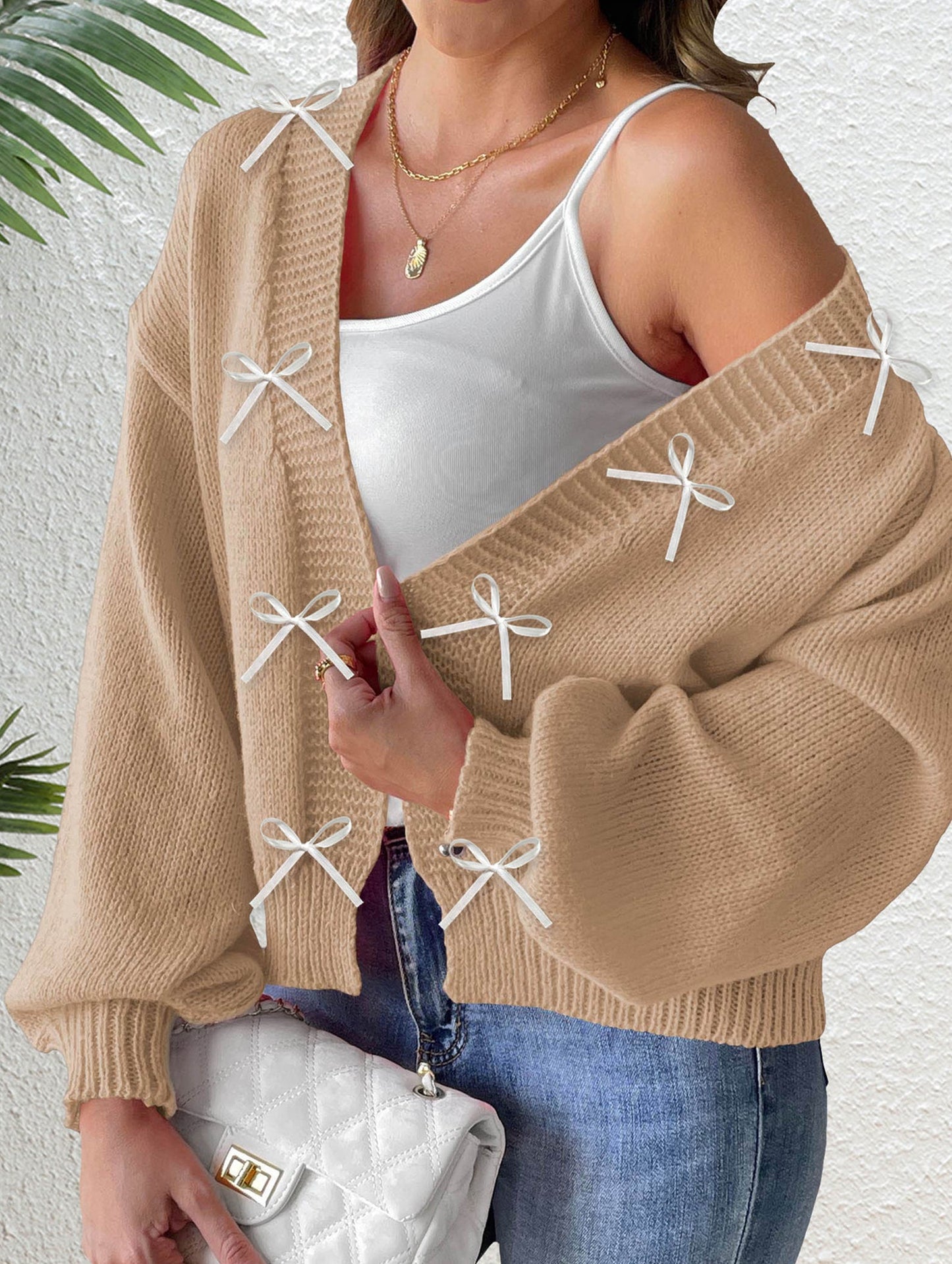 Ribbon Bow Patchwork Cardigan Sweater