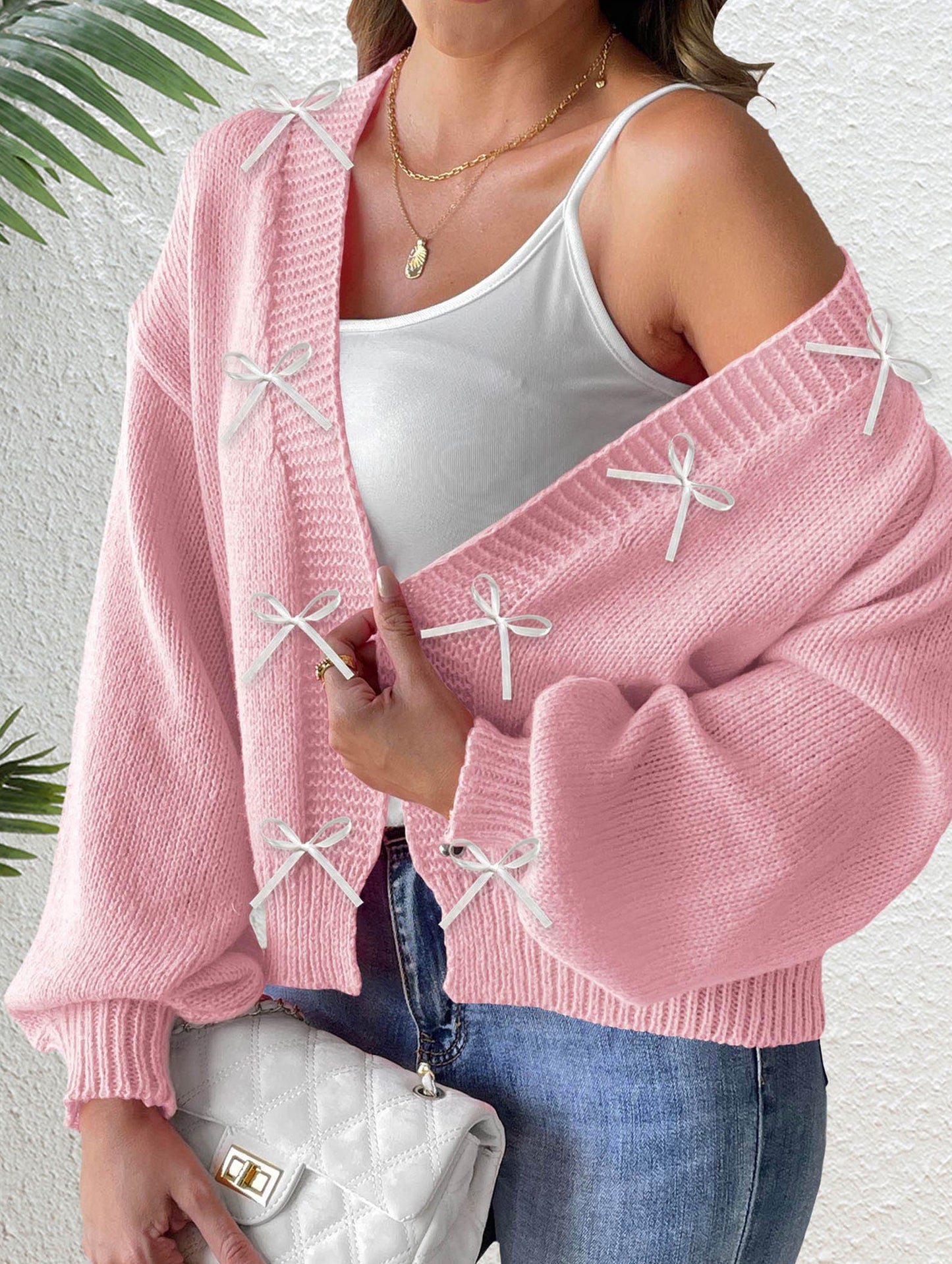 Ribbon Bow Patchwork Cardigan Sweater