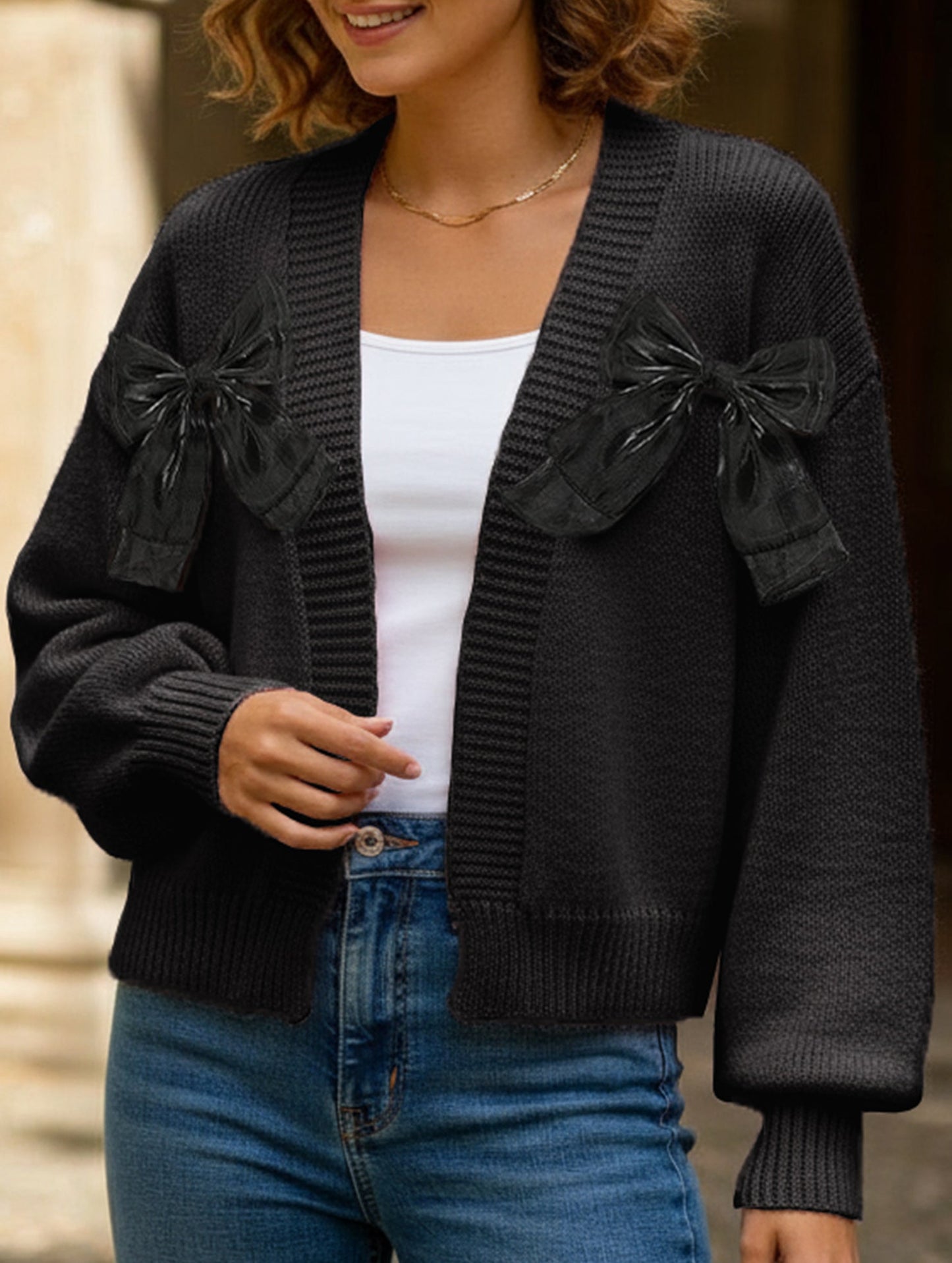 Women's Ribbon Bow Spliced Cardigan Sweater