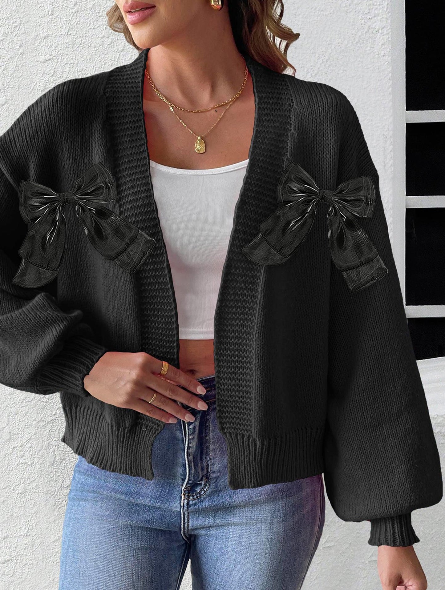 Women's Ribbon Bow Spliced Cardigan Sweater