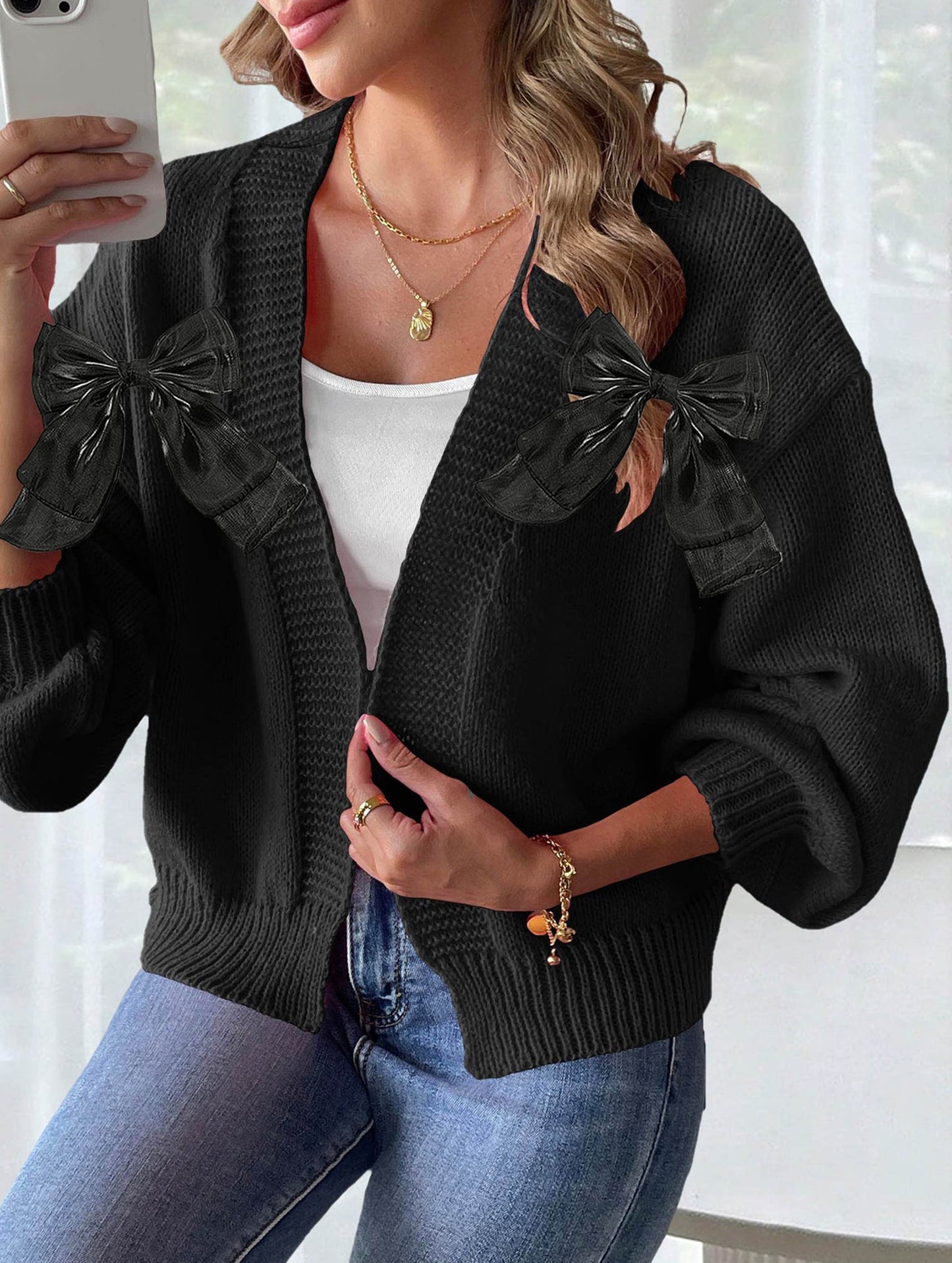 Women's Ribbon Bow Spliced Cardigan Sweater