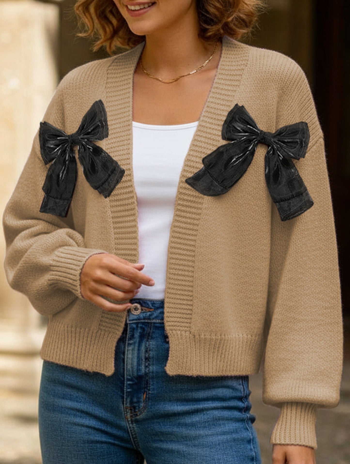 Women's Ribbon Bow Spliced Cardigan Sweater