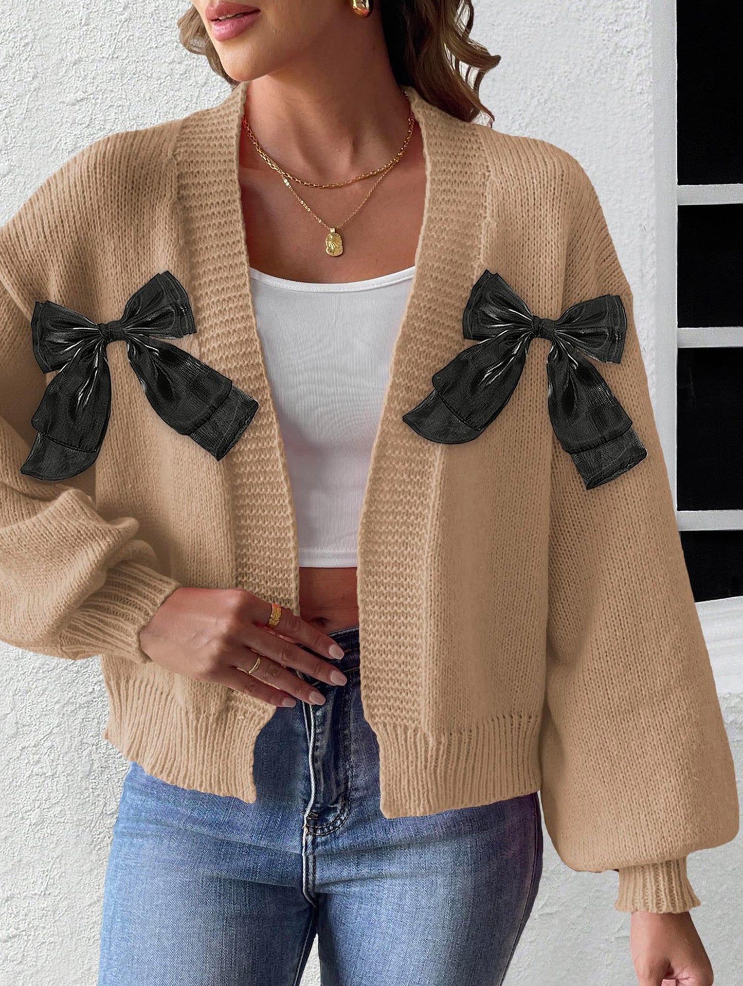 Women's Ribbon Bow Spliced Cardigan Sweater