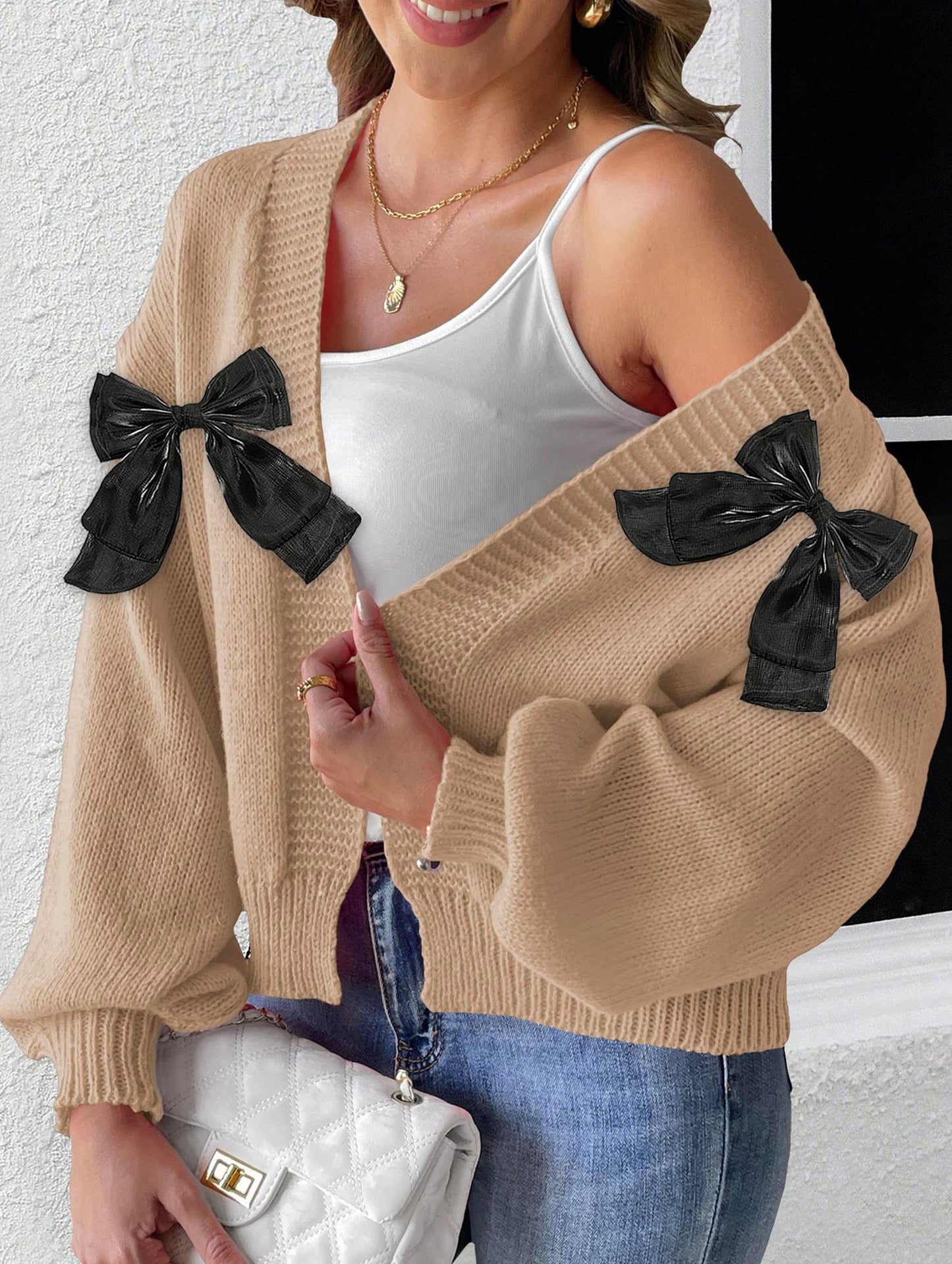 Women's Ribbon Bow Spliced Cardigan Sweater