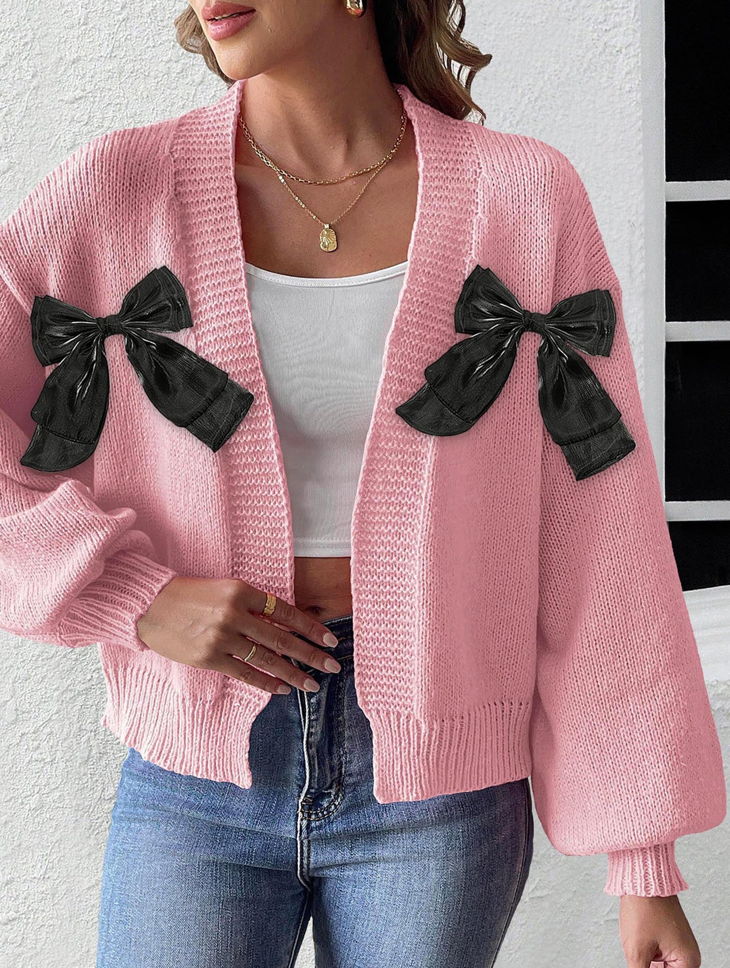 Women's Ribbon Bow Spliced Cardigan Sweater