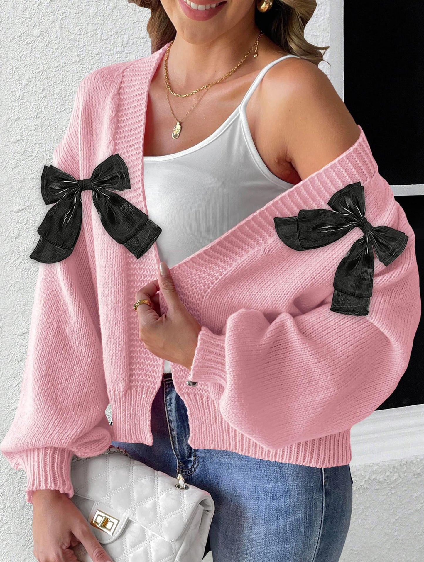 Women's Ribbon Bow Spliced Cardigan Sweater