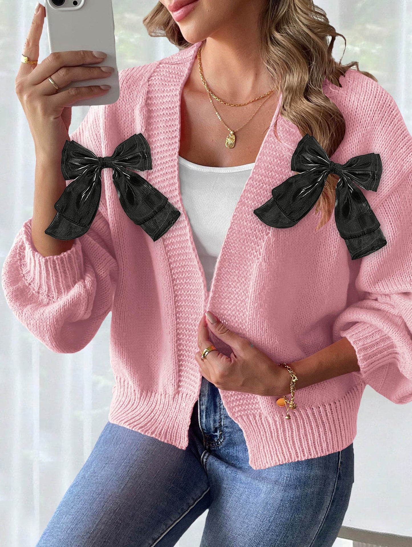 Women's Ribbon Bow Spliced Cardigan Sweater