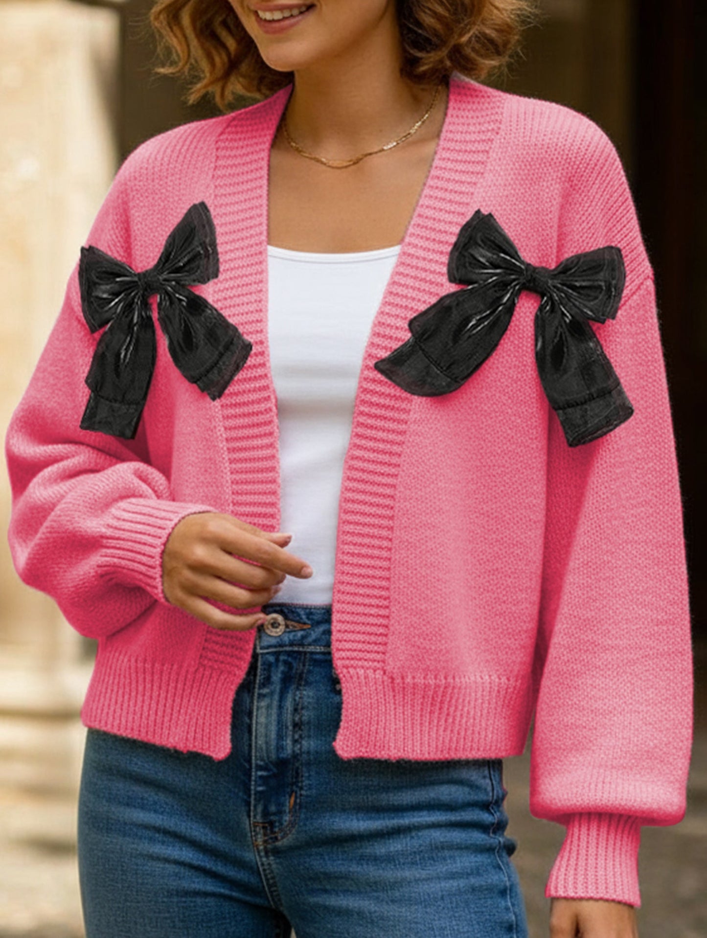 Women's Ribbon Bow Spliced Cardigan Sweater