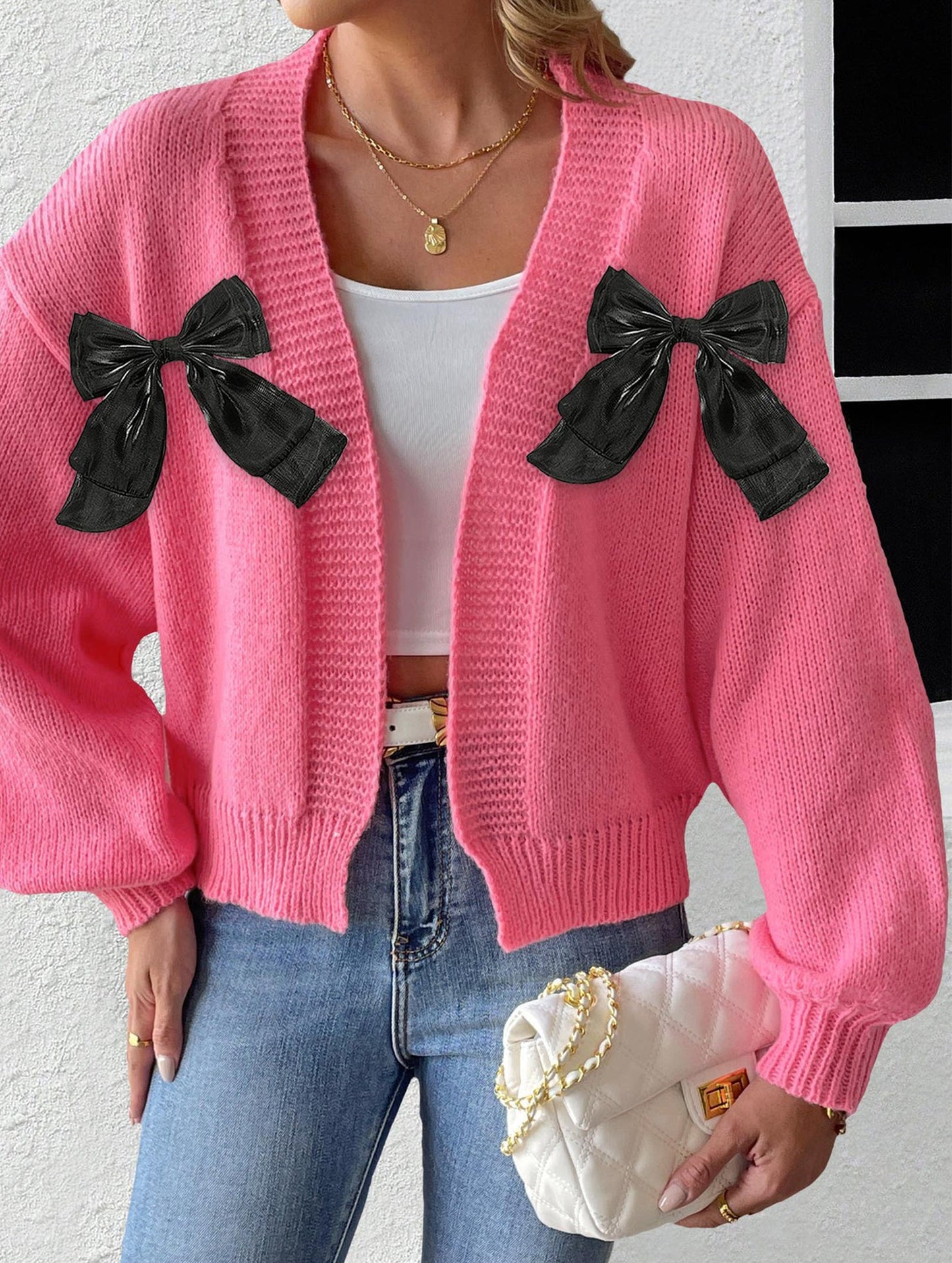 Women's Ribbon Bow Spliced Cardigan Sweater