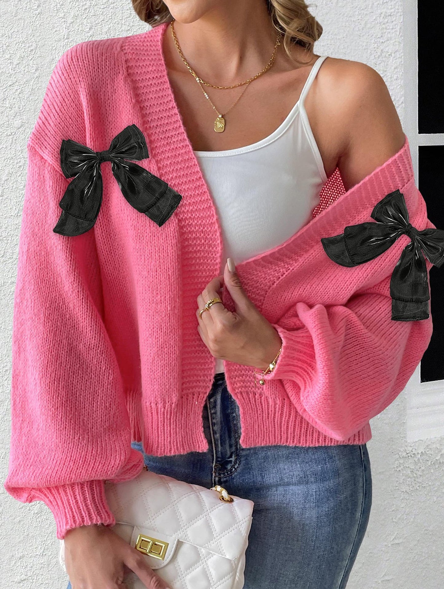 Women's Ribbon Bow Spliced Cardigan Sweater