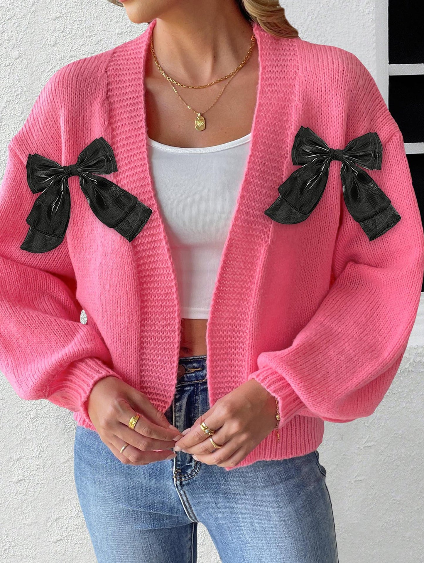 Women's Ribbon Bow Spliced Cardigan Sweater