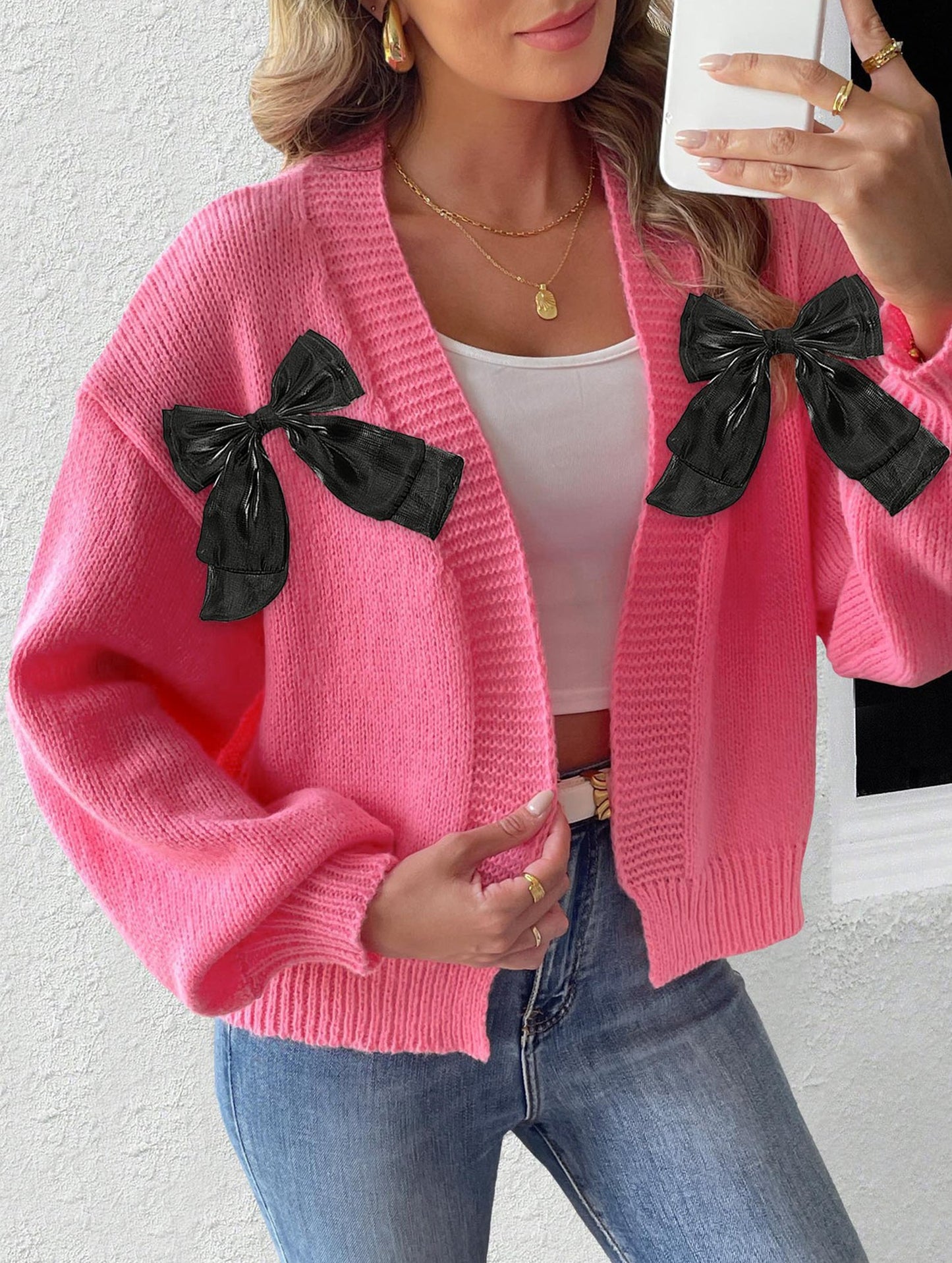 Women's Ribbon Bow Spliced Cardigan Sweater