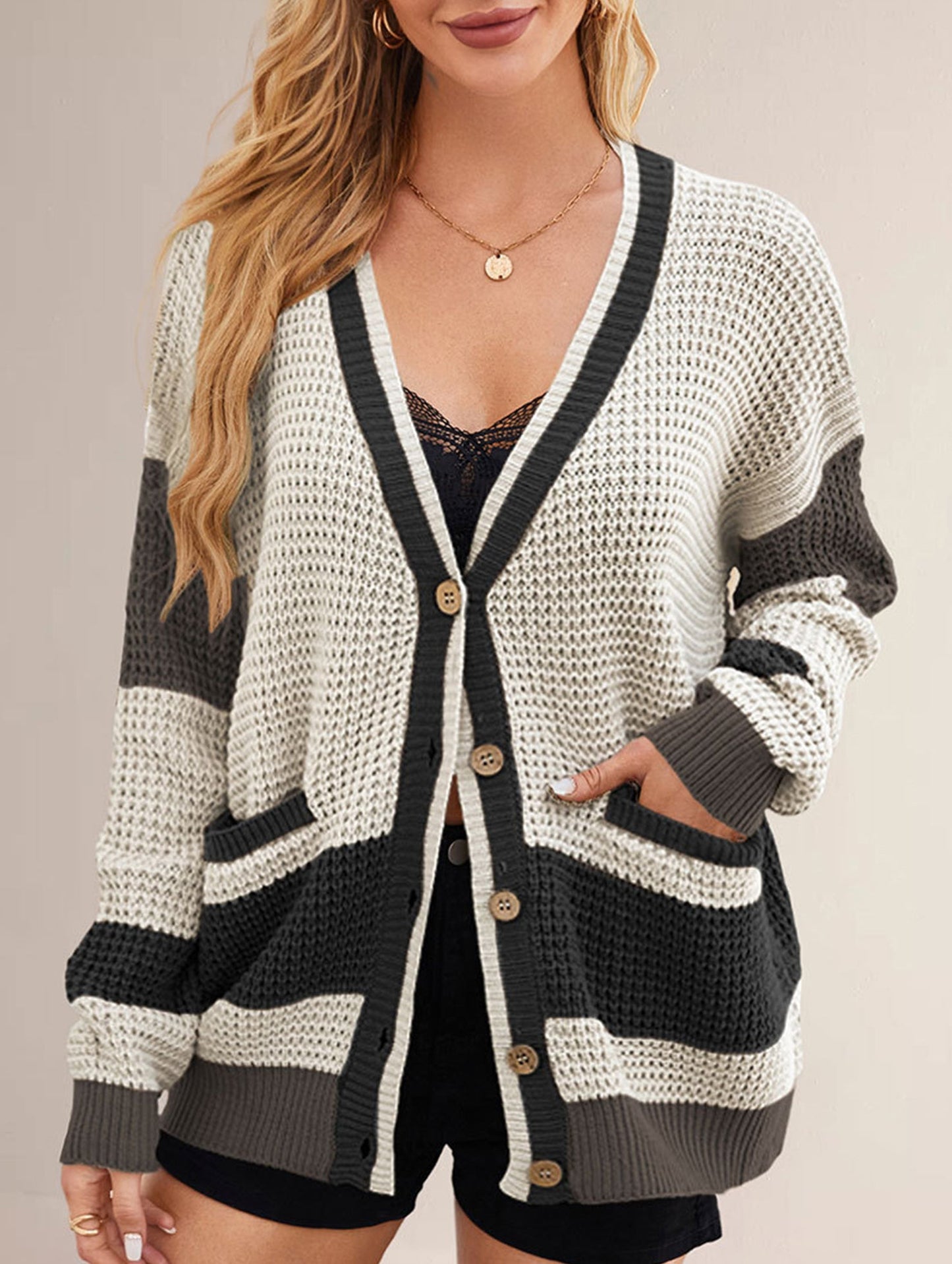 V-neck oversized colorblock cardigan sweater