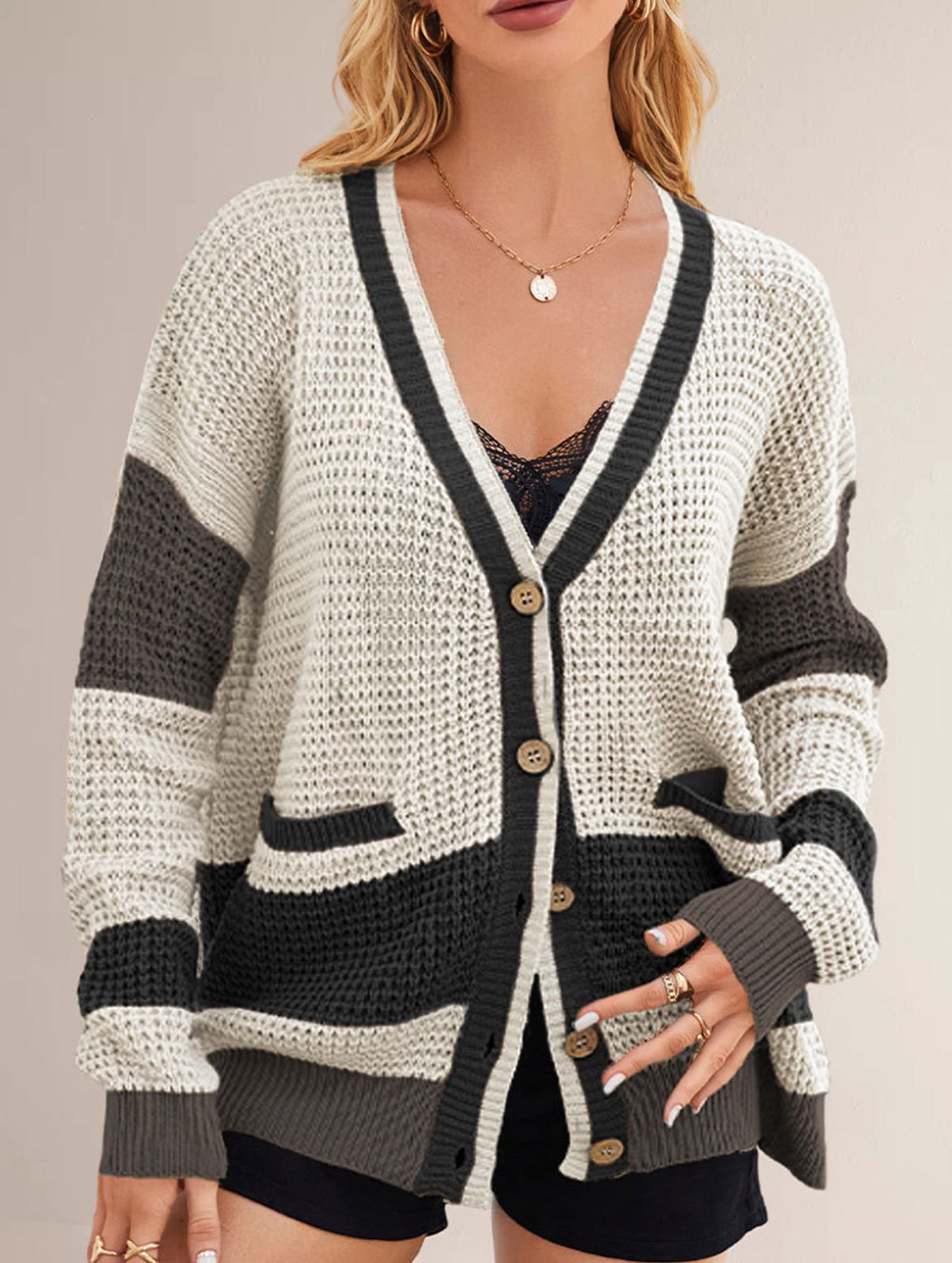 V-neck oversized colorblock cardigan sweater