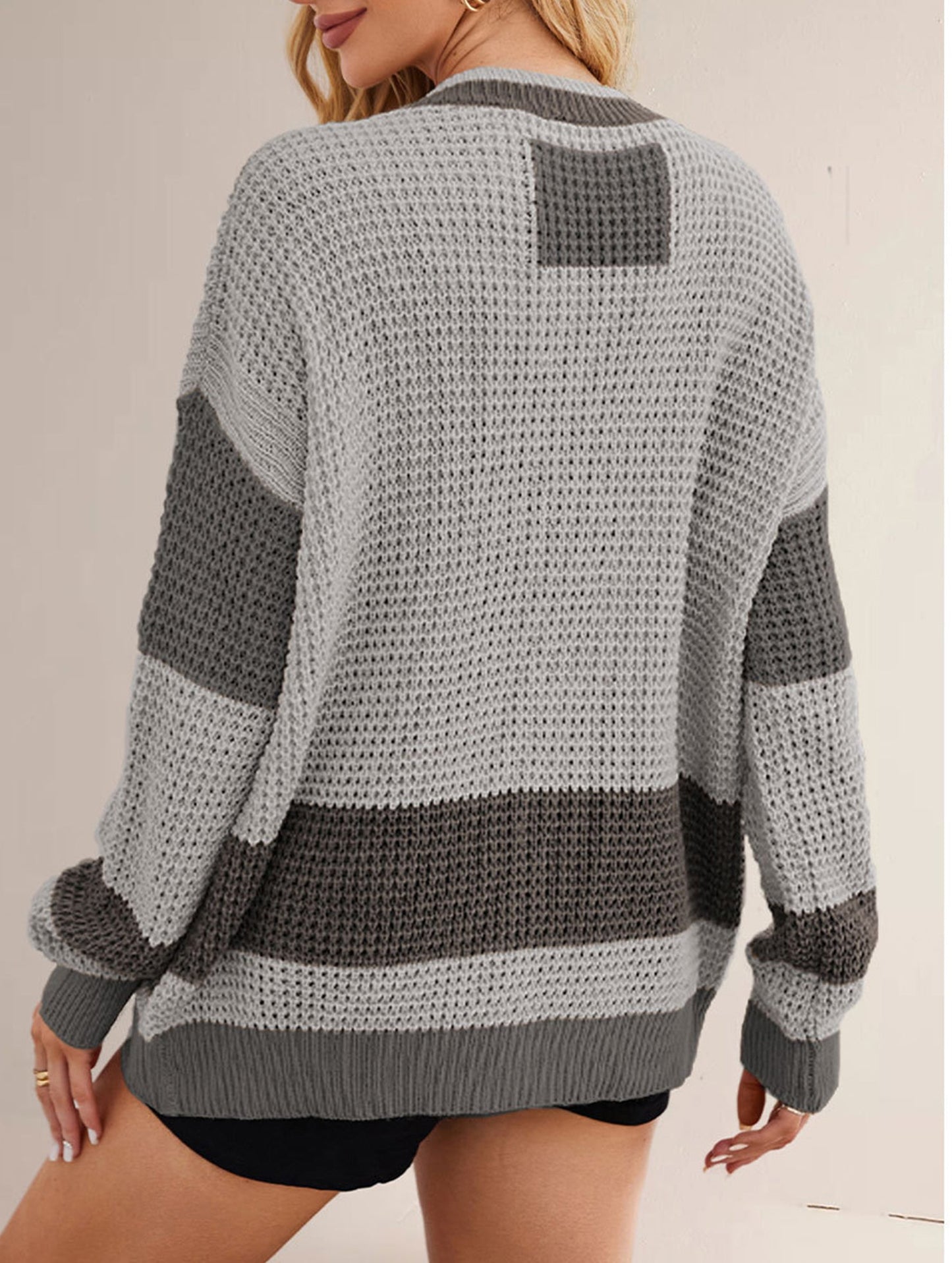 V-neck oversized colorblock cardigan sweater