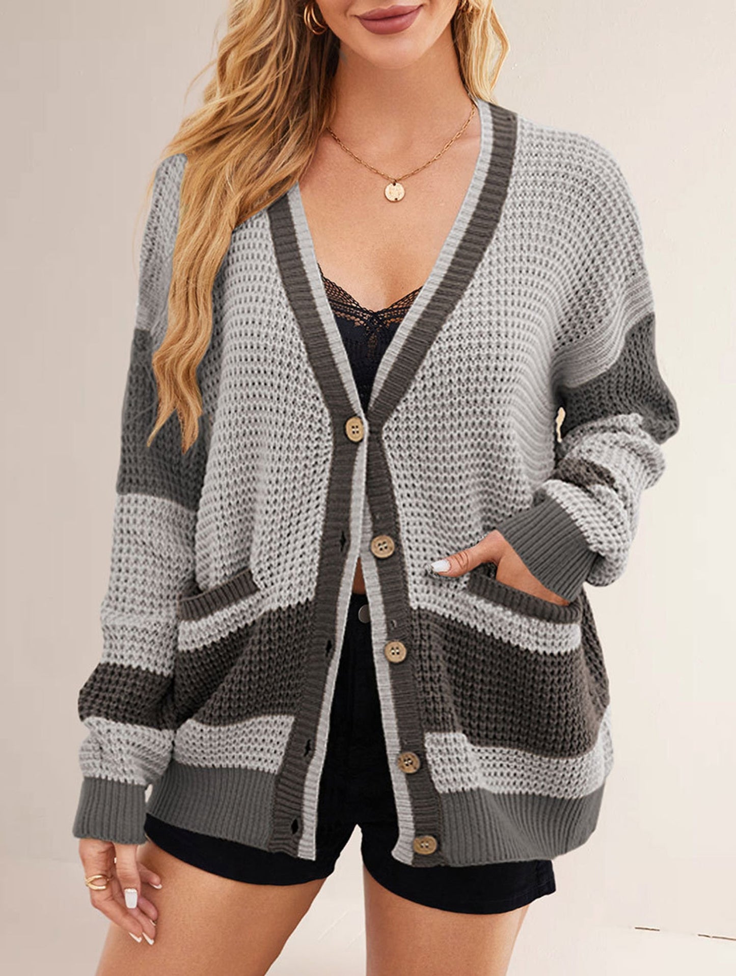 V-neck oversized colorblock cardigan sweater