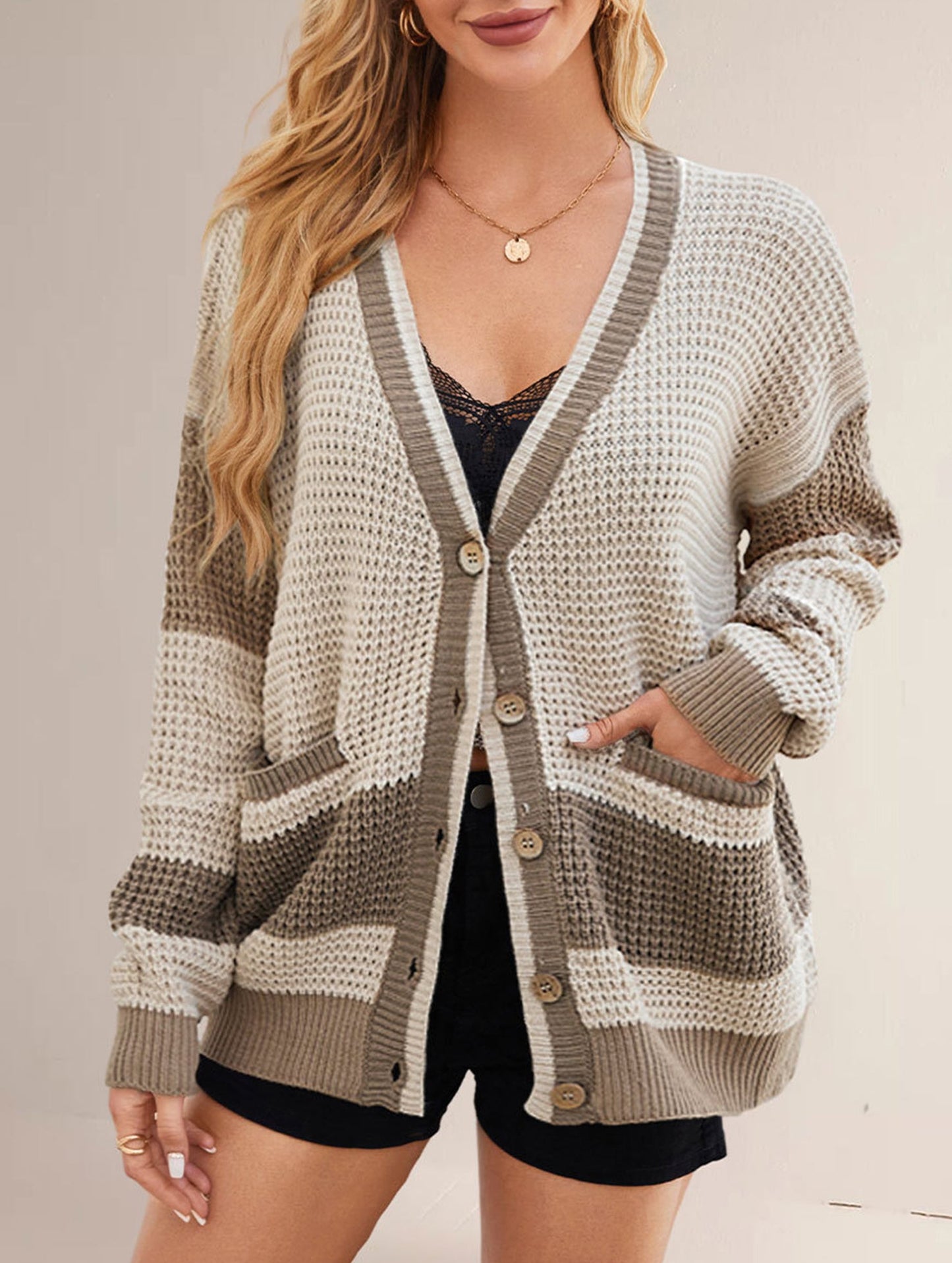 V-neck oversized colorblock cardigan sweater