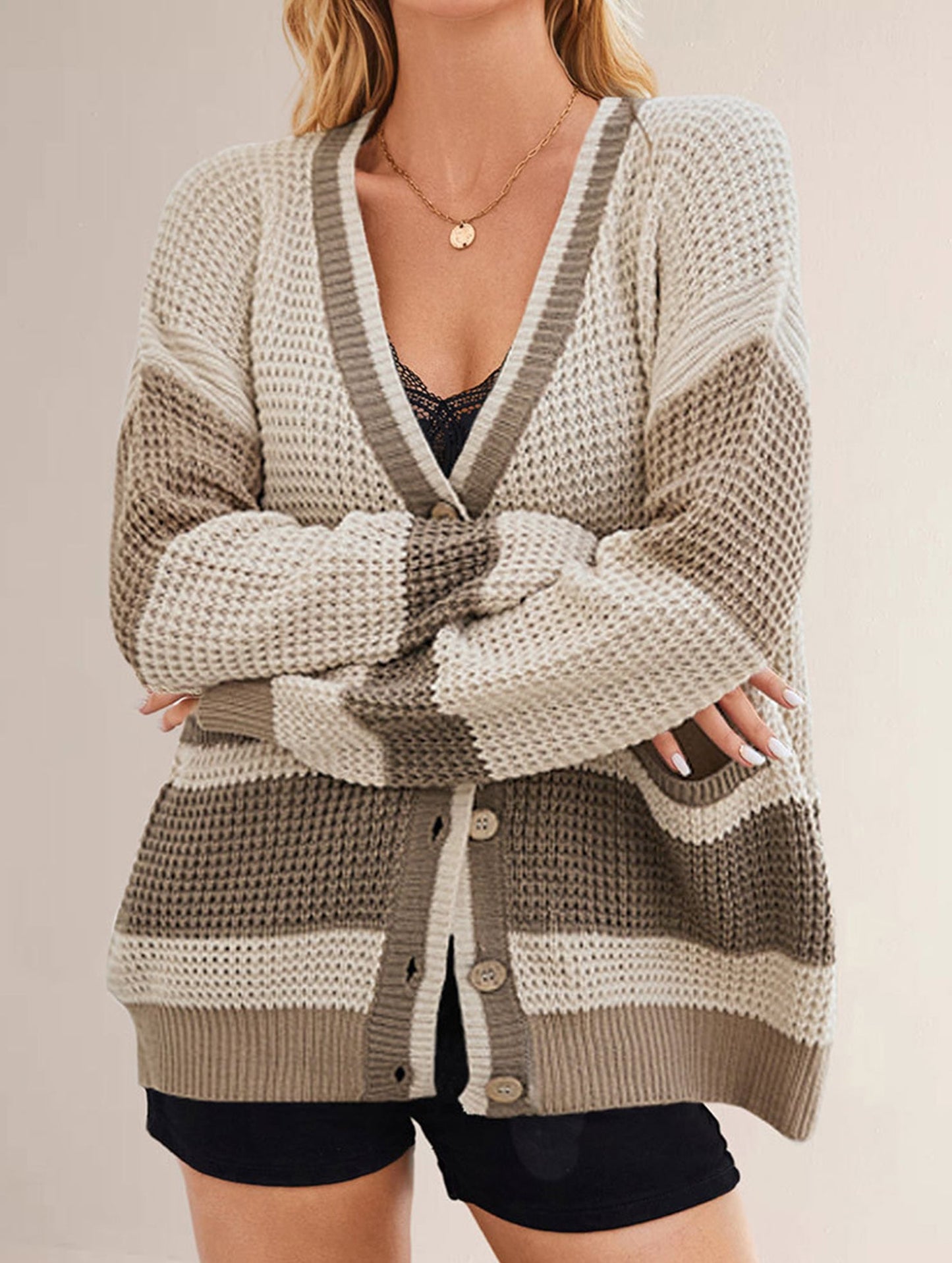V-neck oversized colorblock cardigan sweater