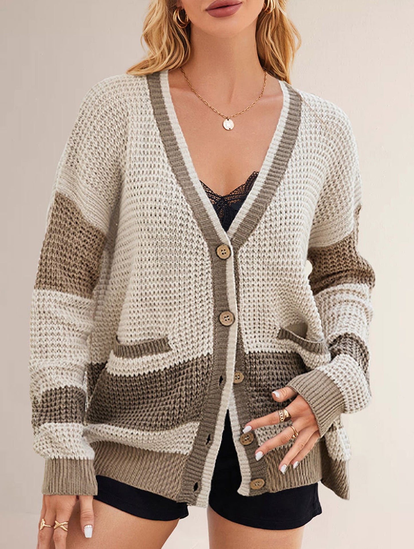 V-neck oversized colorblock cardigan sweater