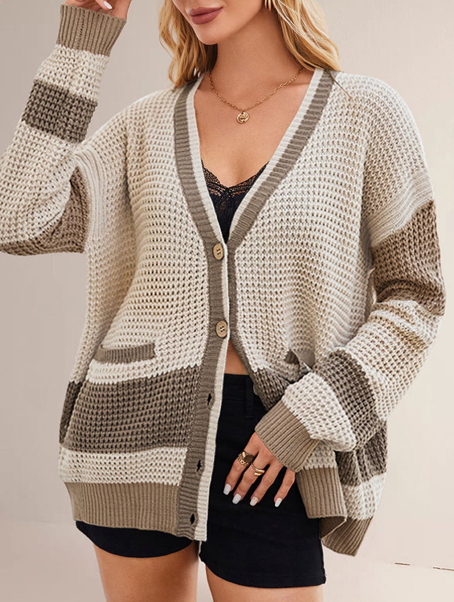 V-neck oversized colorblock cardigan sweater