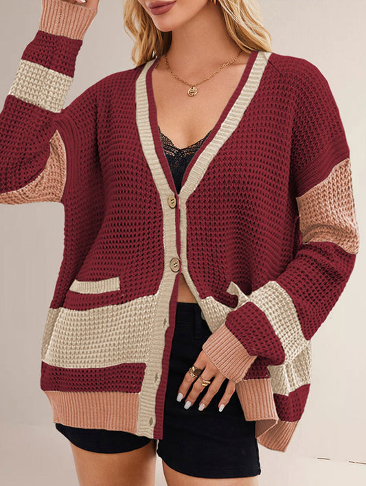 V-neck oversized colorblock cardigan sweater
