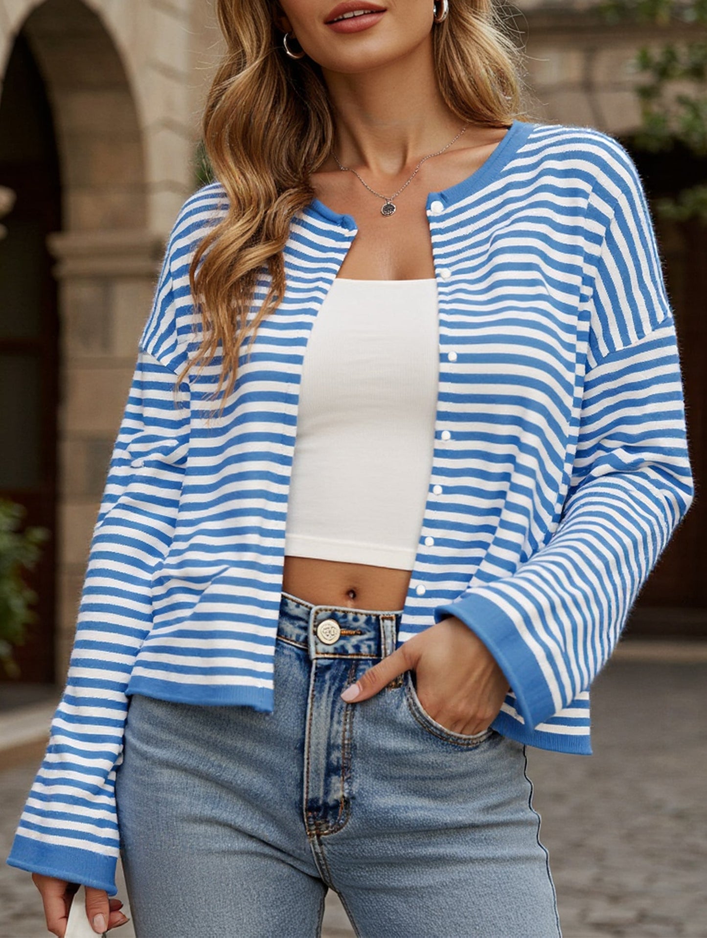 Striped contrast sweater long sleeve cardigan