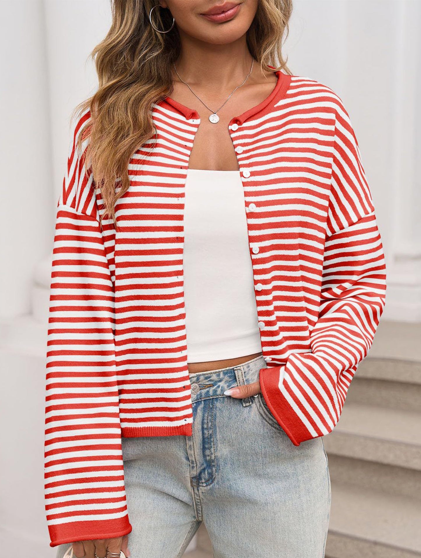 Striped contrast sweater long sleeve cardigan