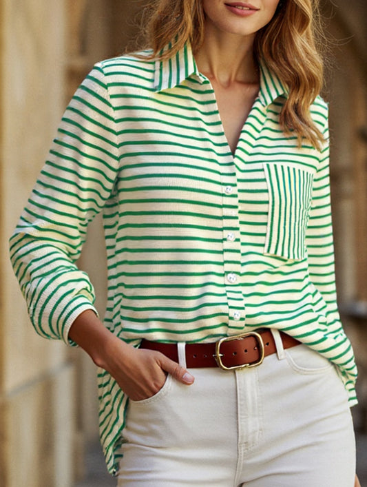 Cute Striped V-Neck Button-Down Shirt