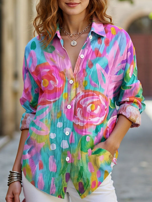 Lapel shirt with floral print cardigan