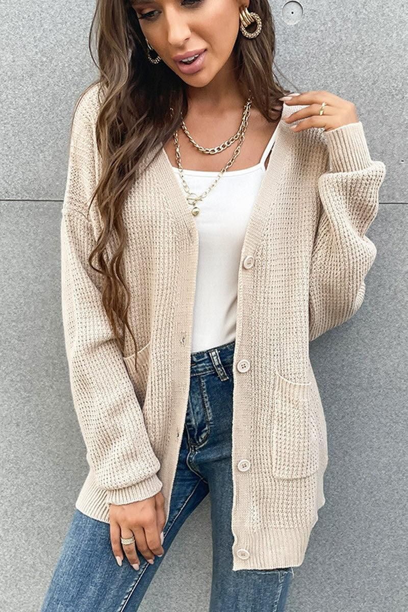 CHUNKY CABLE KNIT LOOSE LONG BUTTON DOWN CARDIGAN - Doublju